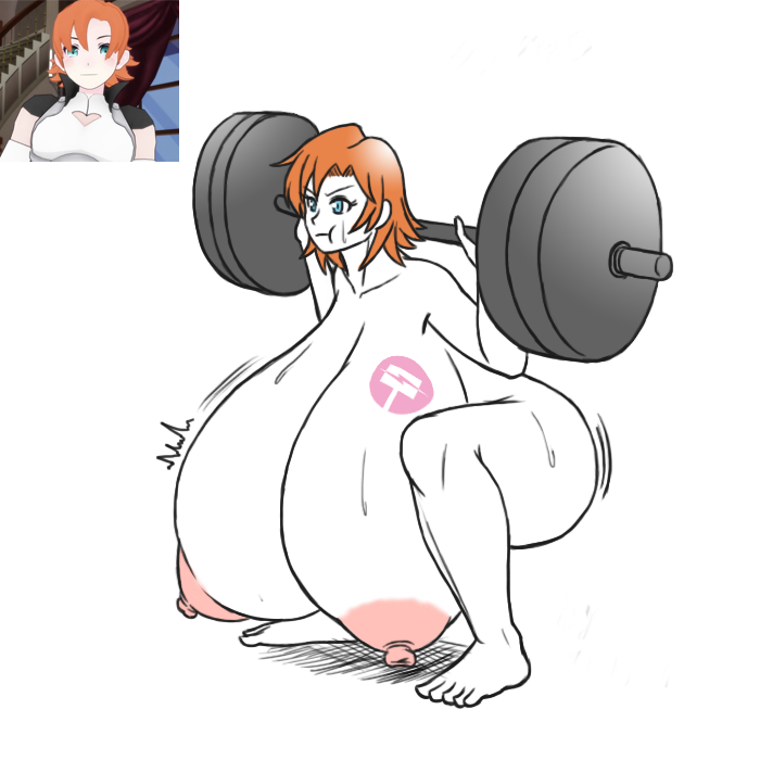1girls, 2018, ass, big breasts, breasts, completely nude, dobert, feet, female, female only, full body, green eyes, hanging breasts, huge breasts, human, humanoid penis, hyper, hyper breasts, large breasts, lifting, male, naked, naked female, nora valkyrie, nude, nude female, orange hair, partially colored, penis, rwby, simple background, solo, solo female, squat, squatting, sweat, weightlifting, weights, white background