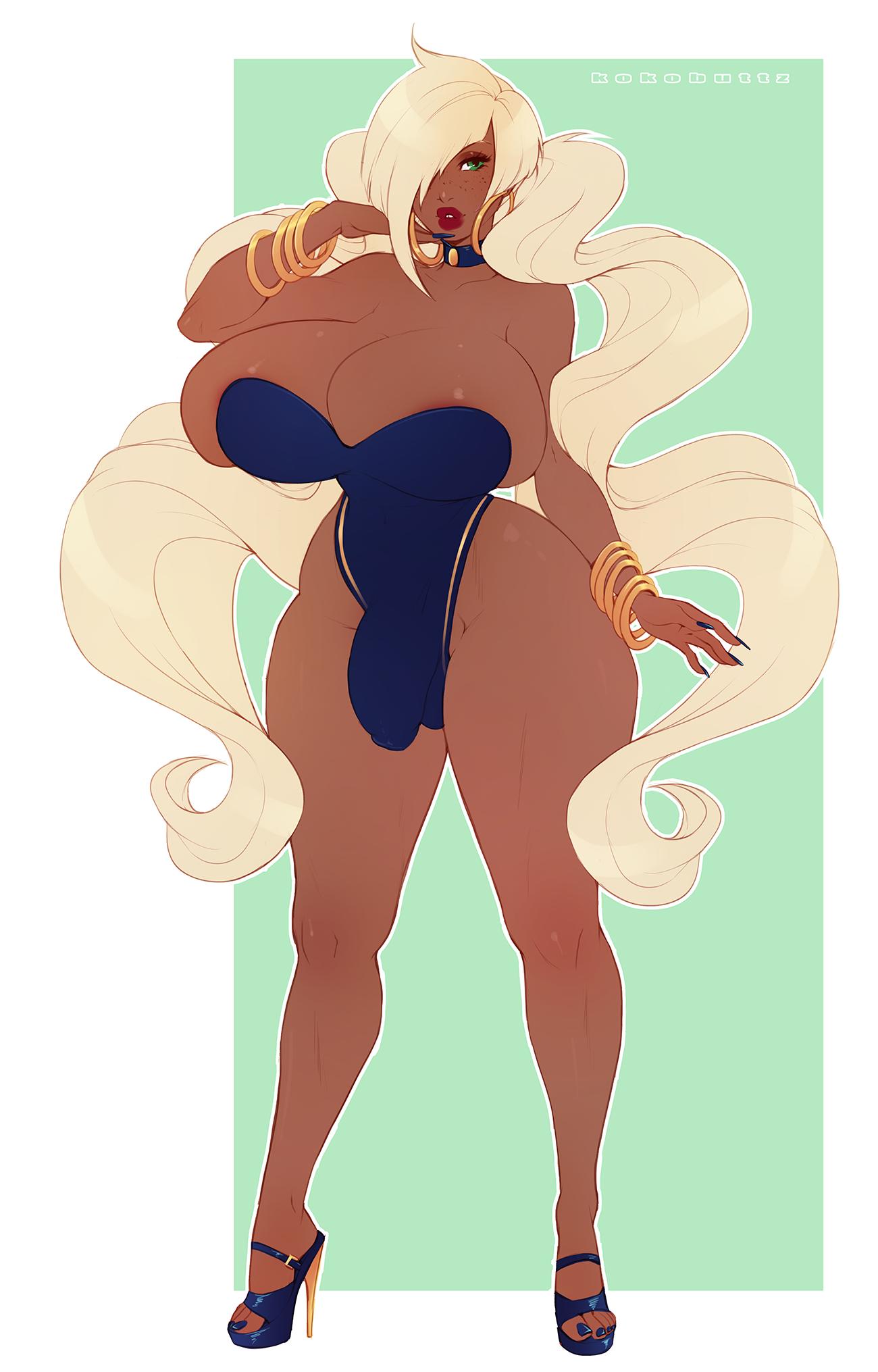1futa, bewitching thighs, breasts, bulge, cleavage, dark skin, dark-skinned futa, dickgirl, futa only, futanari, huge breasts, intersex, kokobuttz, looking at viewer, penis, penis under clothes, solo, tight clothing