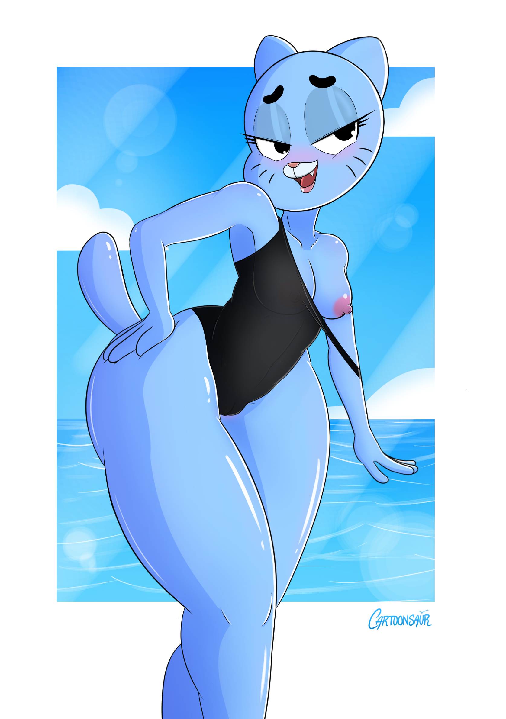 1girls, anthro, areolae, black eyes, blue fur, breasts, cartoon network, cartoonsaur, cat tail, clothing, curvy, feline, female, female only, furry, hand on hip, mammal, mature, mature female, milf, nicole watterson, nipples, one breast out, solo, swimsuit, tail, the amazing world of gumball, thick thighs, thighs