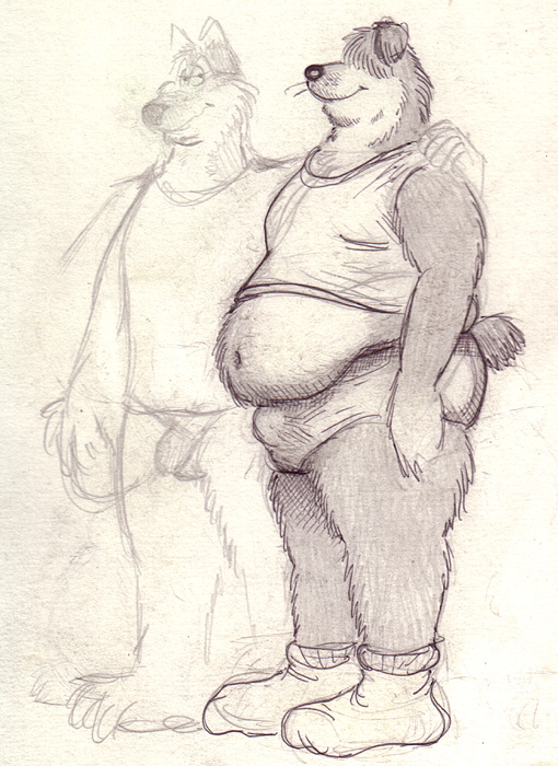 1boy anthro bd belly bulge canine clothed clothing duo flaccid fur furry half-closed_eyes legwear male male_only mammal monochrome overweight overweight_male pencil_(artwork) penis shaggy_hair shirt sketch slightly_chubby smile socks standing tank_top testicles traditional_media_(artwork) underwear