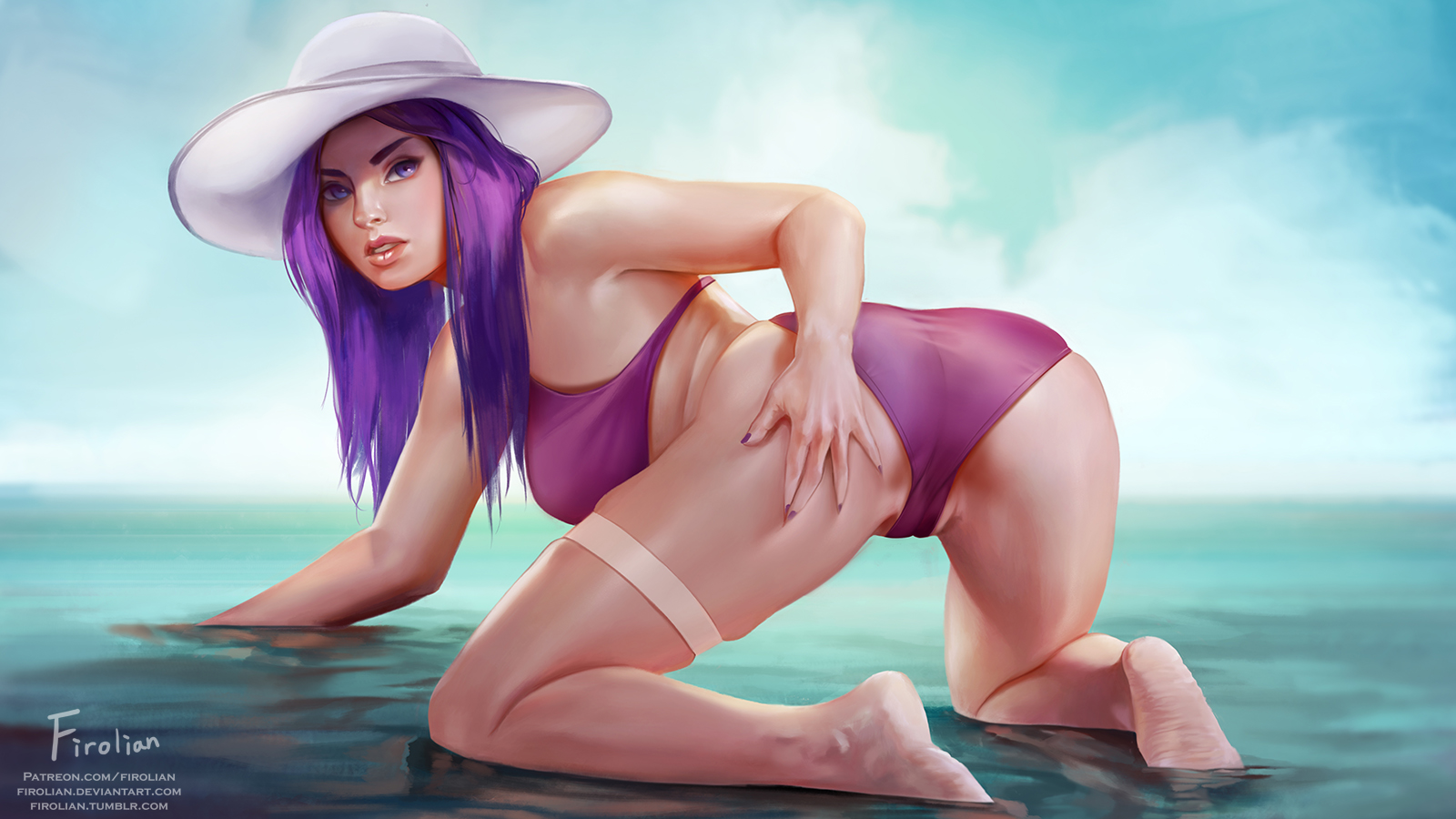 alternate costume, breasts, caitlyn kiramman, cameltoe, cleavage, female, female only, firolian, league of legends, looking at viewer, looking back, partially visible vulva, pool party caitlyn, pool party series, pussy, solo