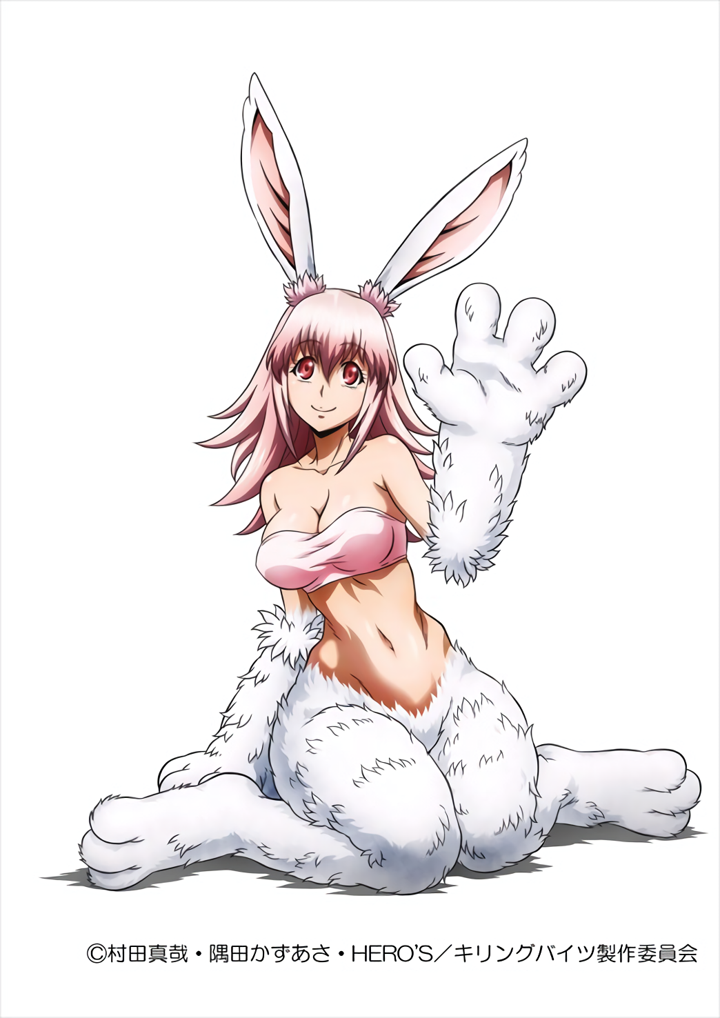 1girls 3_toes 4_fingers big_breasts bottomless bunny_ears bunny_girl female_only fur hybrid inaba_ui killing_bites monster_girl official_art pink_hair rabbit_ears rabbit_girl rabbit_humanoid red_eyes smile solo solo_female thick_thighs waving wide_hips