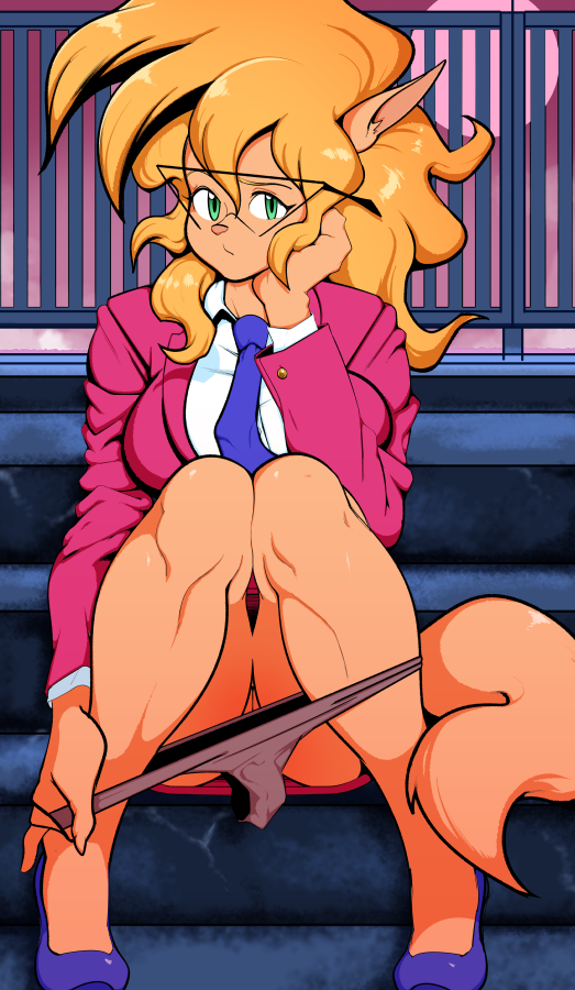 2018 2d anthro blonde_hair breasts callie_briggs feline female fur furry green_eyes hanna-barbera looking_at_viewer mammal necktie office_lady panties pose pussy sitting skirt solo suit swat_kats tan_fur underwear undressing watatanza