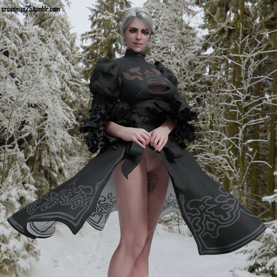 1:1, 1girls, 2018, 3d, bottomless, breasts, cd projekt red, ciri, cosplay, crossman25, female, female only, forest, looking at viewer, nier, nier (series), nier: automata, no panties, pussy, shaved pussy, smile, snow, tattoo, the witcher (series), the witcher 3: wild hunt, white hair, yorha 2b (cosplay)