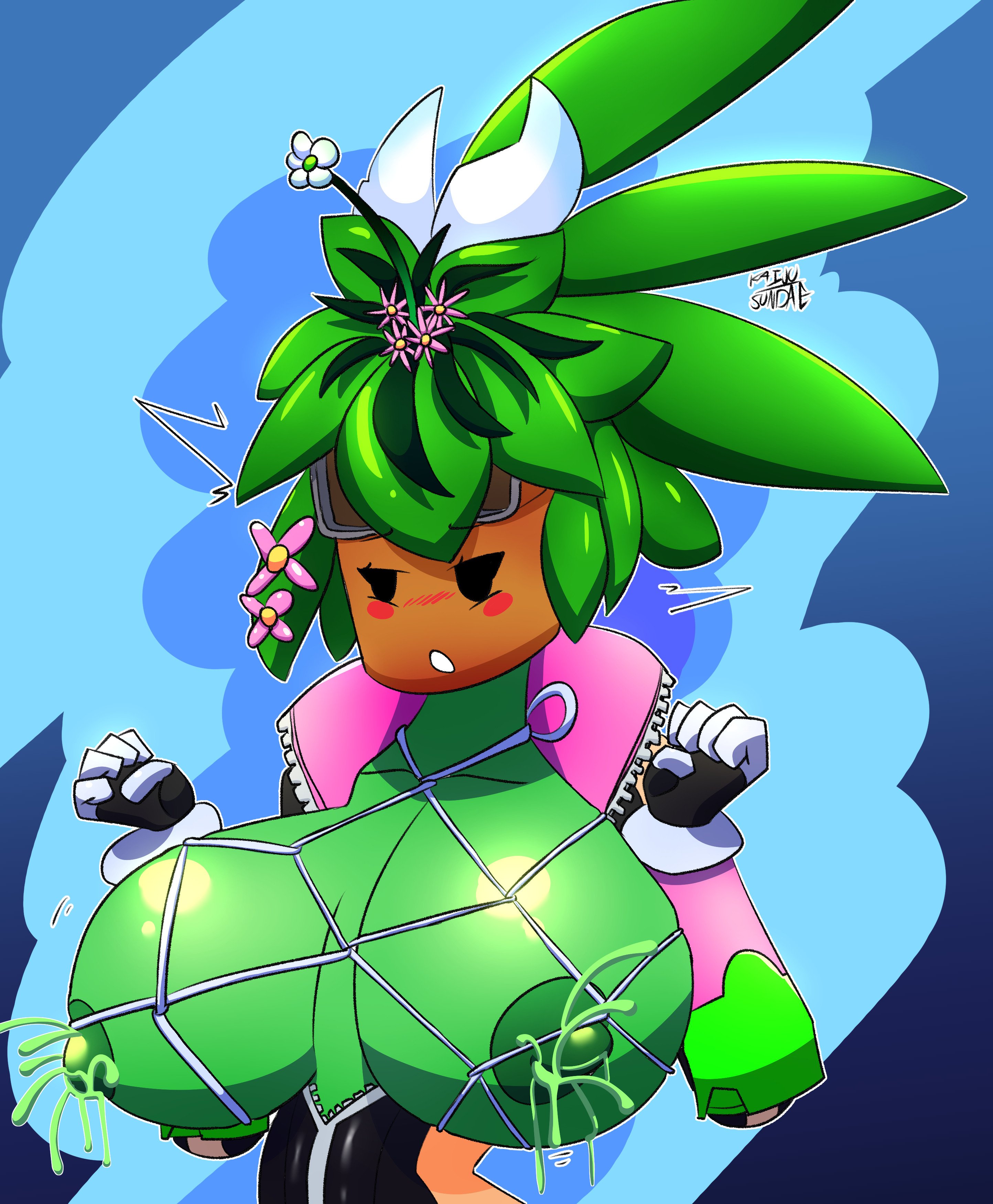 blaster master, blaster master zero, blaster master zero 2, breasts, female, kaijusundae, kanna (blaster master), lactating, lactation, mob face, plant girl, plantie, unusual lactation, unzipped bodysuit, watermelon nets