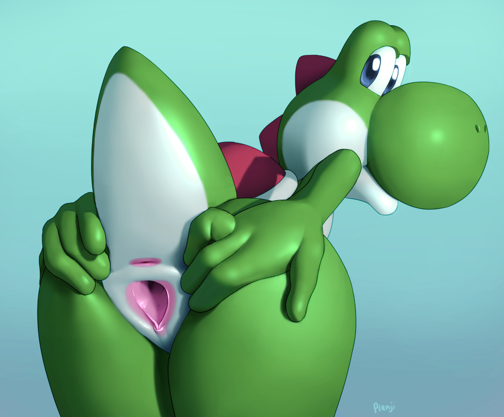 anthro anus ass blue_eyes dinosaur dragon edit female green_skin green_yoshi looking_at_viewer looking_back mario_(series) nintendo nude pienji presenting presenting_pussy pussy reptile scalie simple_background solo spread_pussy spreading video_games yoshi