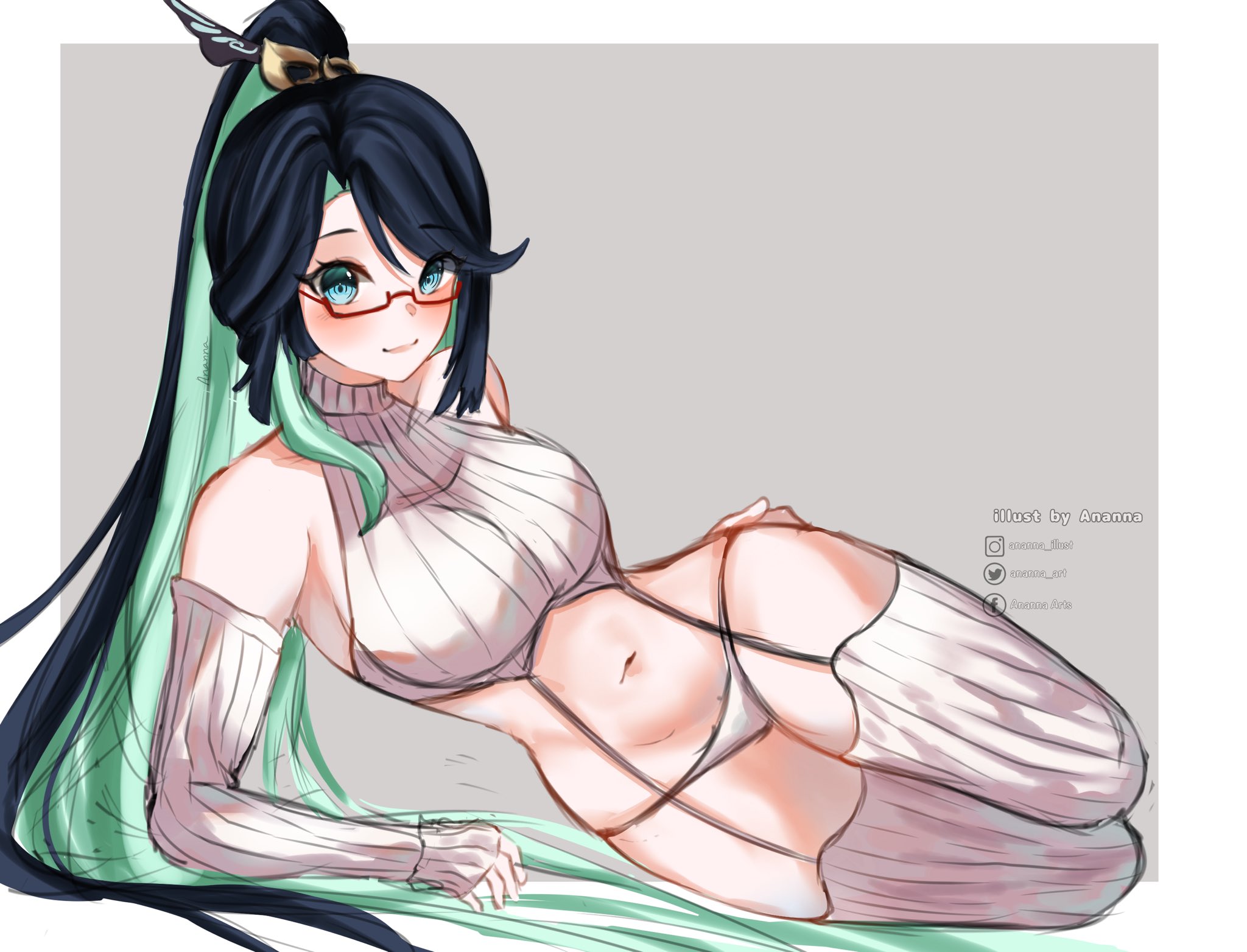 1girls, big breasts, breasts, female, female only, genshin impact, glasses, light skin, light-skinned female, multicolored hair, panties, teal eyes, virgin destroyer sweater, virgin killer sweater, xianyun (genshin impact)