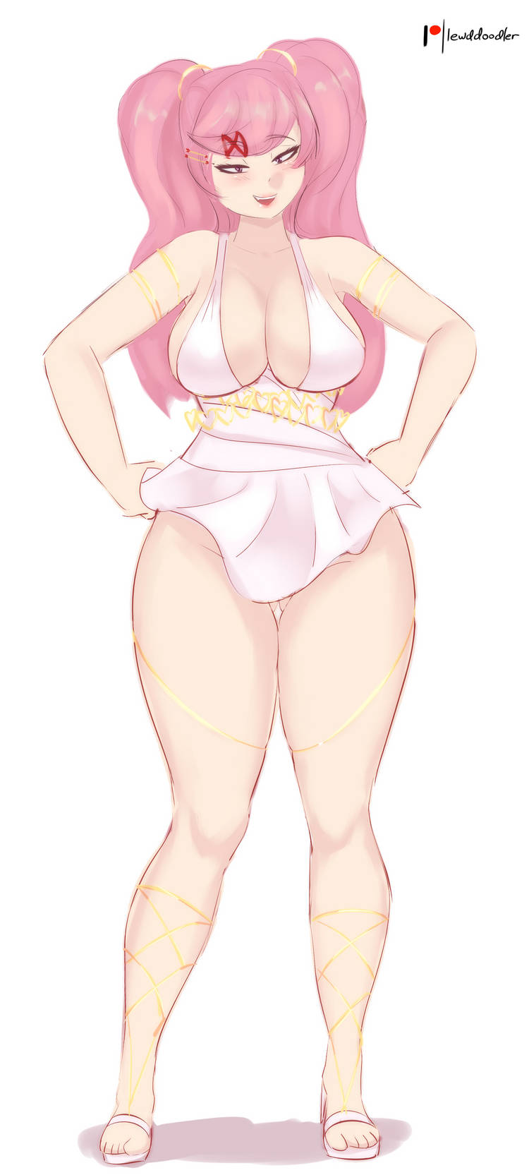 1girls, aged up, alternate breast size, alternate costume, big breasts, bimbo, bimbo body, bimbofied, breasts, cosplay, doki doki literature club, female, female only, human, lewddoodler, long hair, natsuki (doki doki literature club), solo, thick thighs, twintails, white background, white dress