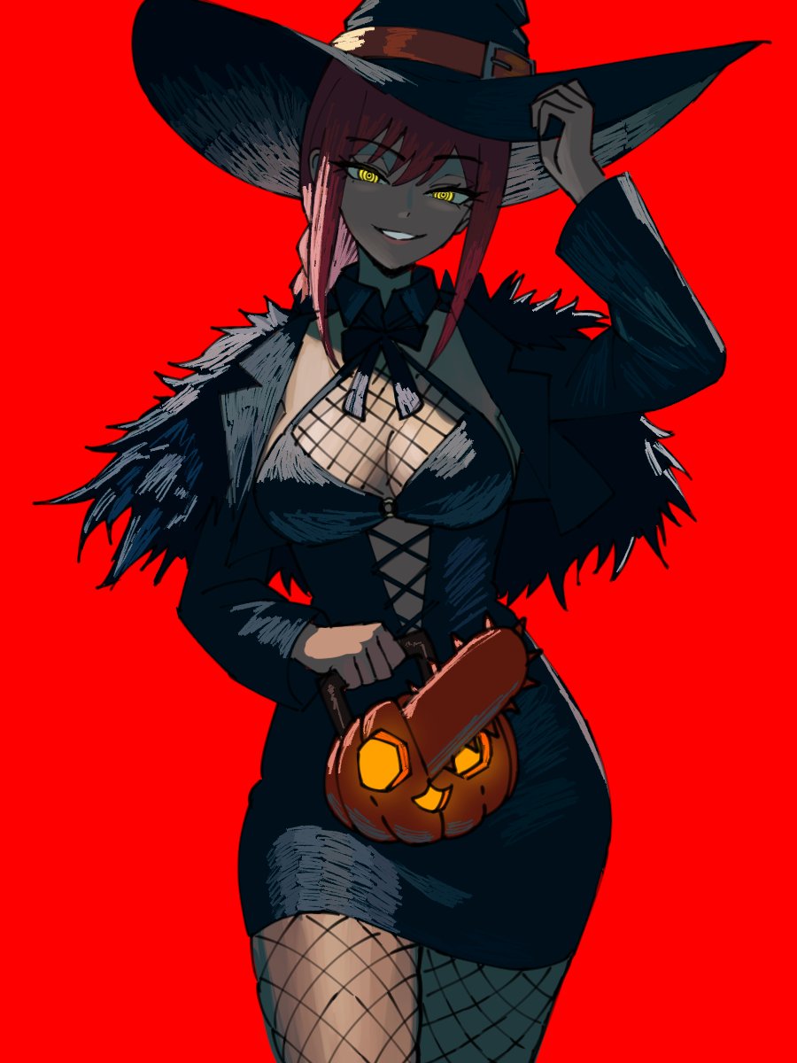 big_breasts chainsaw_man cosplay fishnets glowing_eyes halloween halloween_costume makima_(chainsaw_man) miniskirt red_hair skirt thick_thighs witch witch_costume witch_hat yellow_eyes zeon_(zzeeonn)