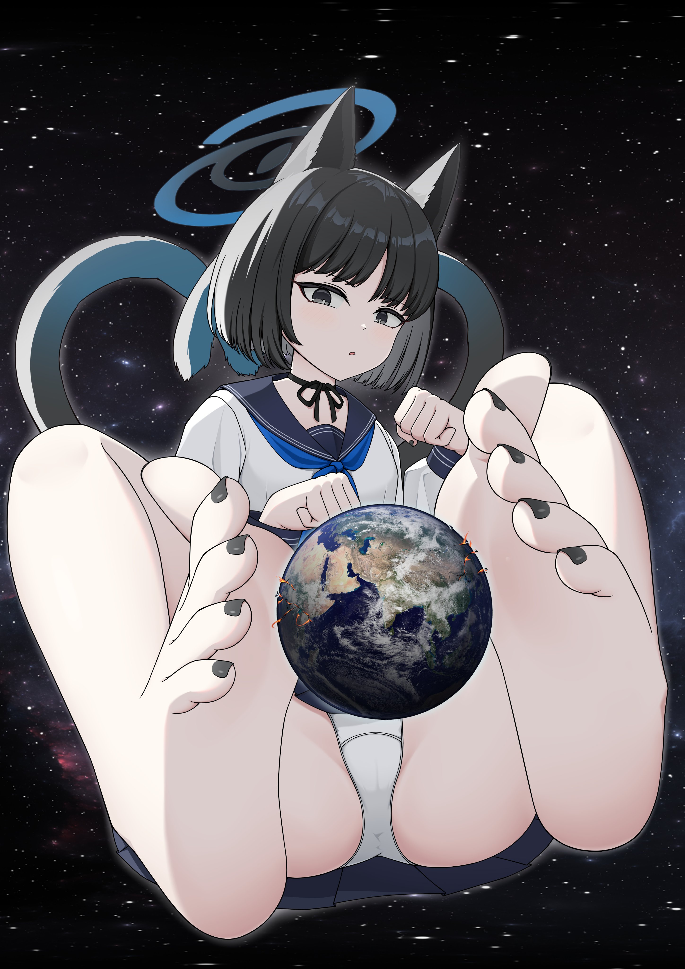 :o, 1girls, allied hyakkiyako academy student, artist request, ass, astronomical hyper, black toenail polish, black toenails, blue archive, earth, expressionless, feet, feet up, female, foot fetish, fully clothed, giantess, hyakkaryouran conflict resolution council (blue archive), kikyou (blue archive), painted toenails, panties, paw pose, planet, planet between feet, planetary macro, presenting feet, soles fetish, space, tagme (artist), toenail polish, toes