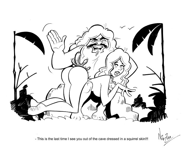 1boy1girl 1girls ass beard big_breasts black_and_white cavewoman female humor long_hair monochrome nik_zula over_the_knee_spanking spanked spanking text