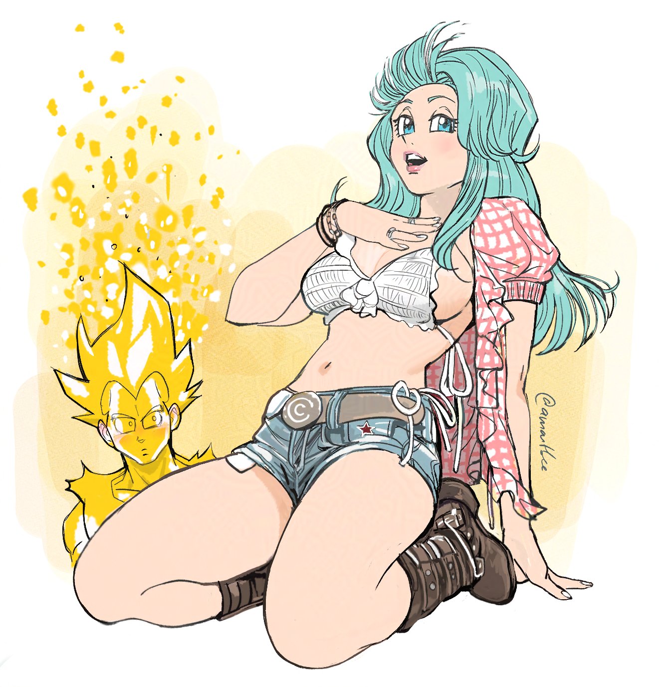 1boy, 1girls, 2025, amartbee, artist name, artist signature, big breasts, bikini top, boots, breasts, bulma briefs, bulma briefs (post saiyan saga), busty, cleavage, cosplay, denim, denim shorts, dragon ball, dragon ball z, female, female focus, gingham, green eyes, green hair, hand on breast, husband and wife, jean shorts, kwon eun-bi, kwon eun-bi (cosplay), light skin, light-skinned female, long hair, male, open shirt, questionable, sfw, shorts, vegeta, waterbomb