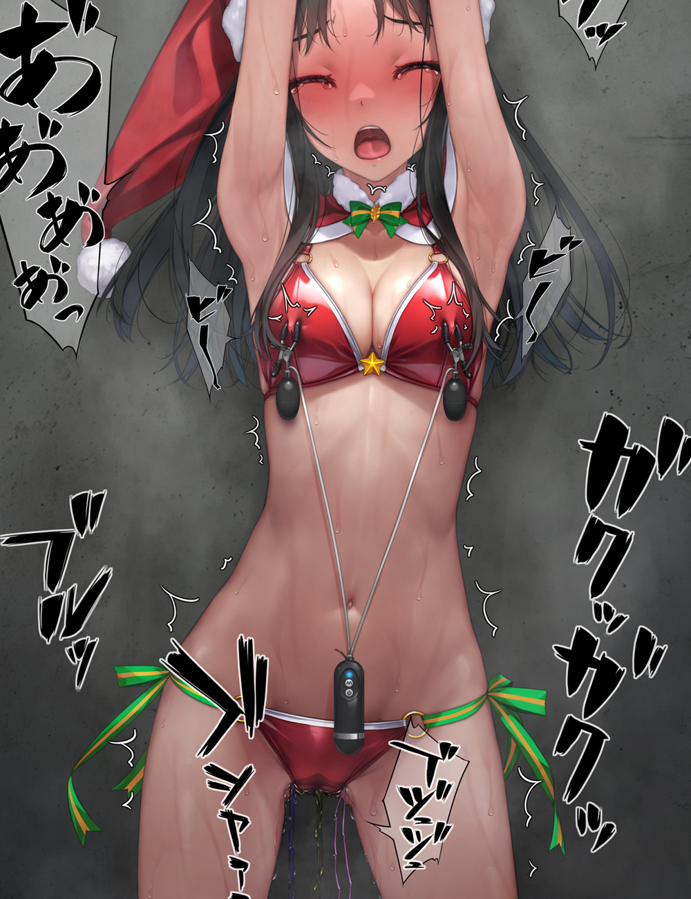 armpits arms_up bikini black_hair blush bondage bondage bound breasts cleavage closed_eyes commentary_request embarrassed female fur_trim hat highres long_hair medium_breasts murakami_suigun navel nipple_clamps open_mouth original paid_reward_available panties peeing peeing_self red_bikini red_headwear restrained santa_bikini santa_hat sex_toy side-tie_bikini_bottom solo sweat swimsuit tears underwear urine variant_set vibrator vibrator_cord vibrator_under_clothes vibrator_under_panties