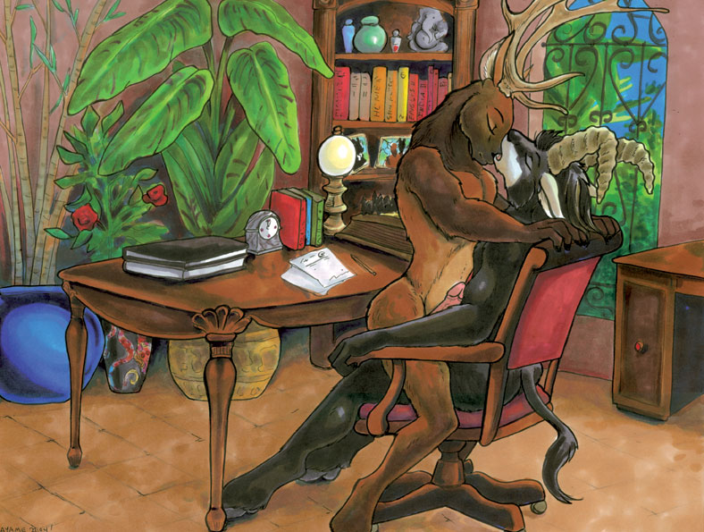 2004 2boys anthro antlers ayame_emaya cervid cervine chair closed_eyes duo elk eyes_closed furry gay hooves horns indoors inside interspecies male male/male male_focus male_only mouth_closed mouth_open penis plants sitting_in_chair sitting_in_lap species_request tail yaoi