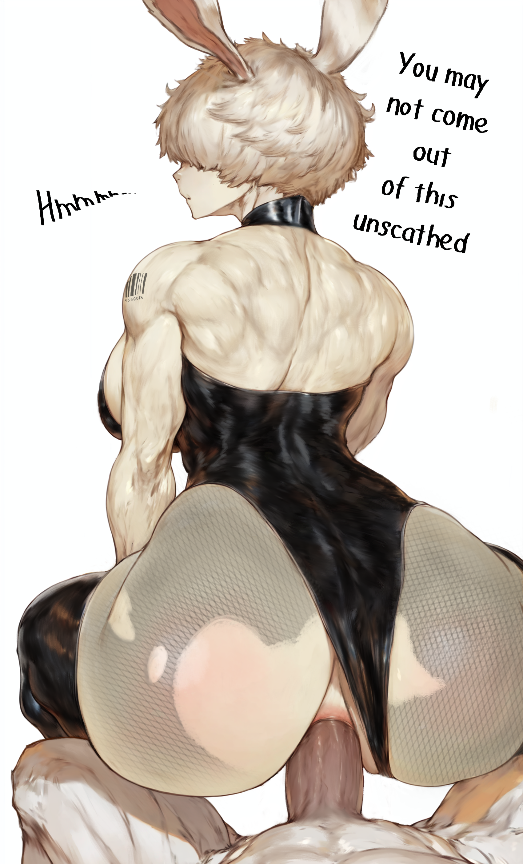 1boy, 1girls, ai generated, anal, anal insertion, anal sex, android, ass, athletic, athletic female, back, below view, big ass, big breasts, breasts, bunny ears, bunny girl, bunnysuit, clone, dick, erosechy, female, female focus, female penetrated, from behind, from behind position, from below, latex, latex suit, looking back, male, muscles, muscular female, penetration, penis, prostitute, prostitution, reverse cowgirl position, robot, robot girl, robot humanoid, sex, sex from behind, stockings, talking, text, torn clothes, triceps