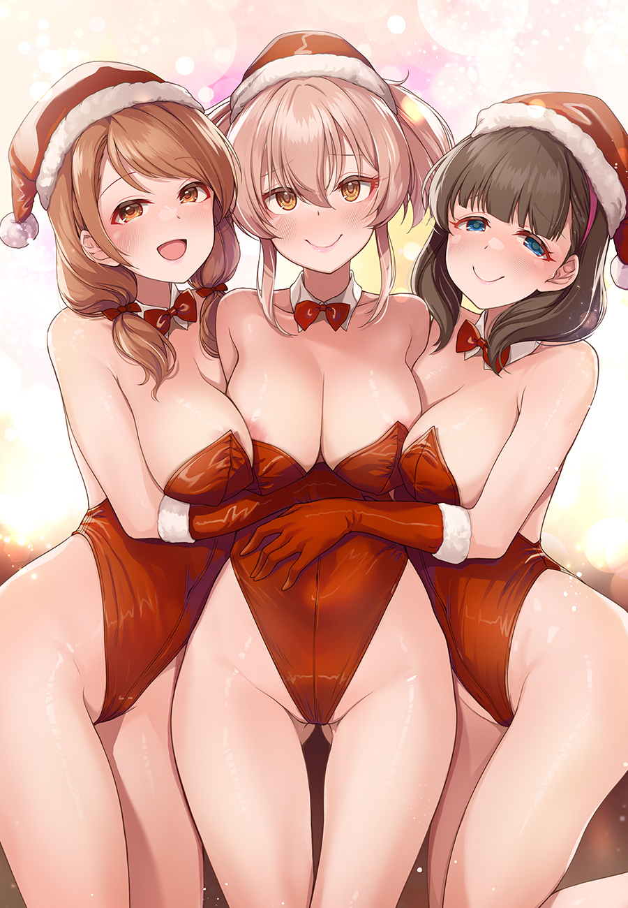 3girls bare_legs blush bow bowtie breasts cleavage collarbone covered_navel detached_collar feet_out_of_frame female fur-trimmed_headwear fur_trim hat highleg highleg_leotard highres hojo_karen hug idolmaster idolmaster_cinderella_girls jougasaki_mika leotard looking_at_viewer medium_breasts mk_(mod0) multiple_girls red_bow red_bowtie red_headwear red_leotard sakuma_mayu santa_hat smile strapless strapless_leotard