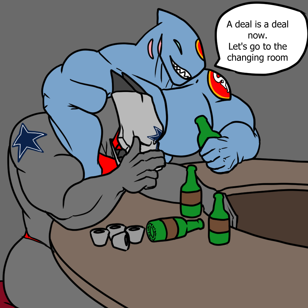 2boys anthro big_pecs dialogue drunk humanoid imminent_sex male/male male_only muscles muscular oc_(xcomunit7) pecs shark sleeping text xcomunit7