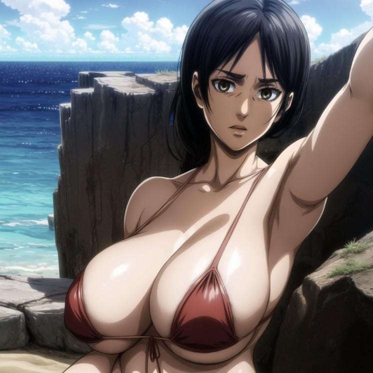 1girls ai_generated attack_on_titan beach big_breasts bikini_top black_hair breasts carla_jaeger cleavage female looking_at_viewer milf mother selfie solo solo_female thick