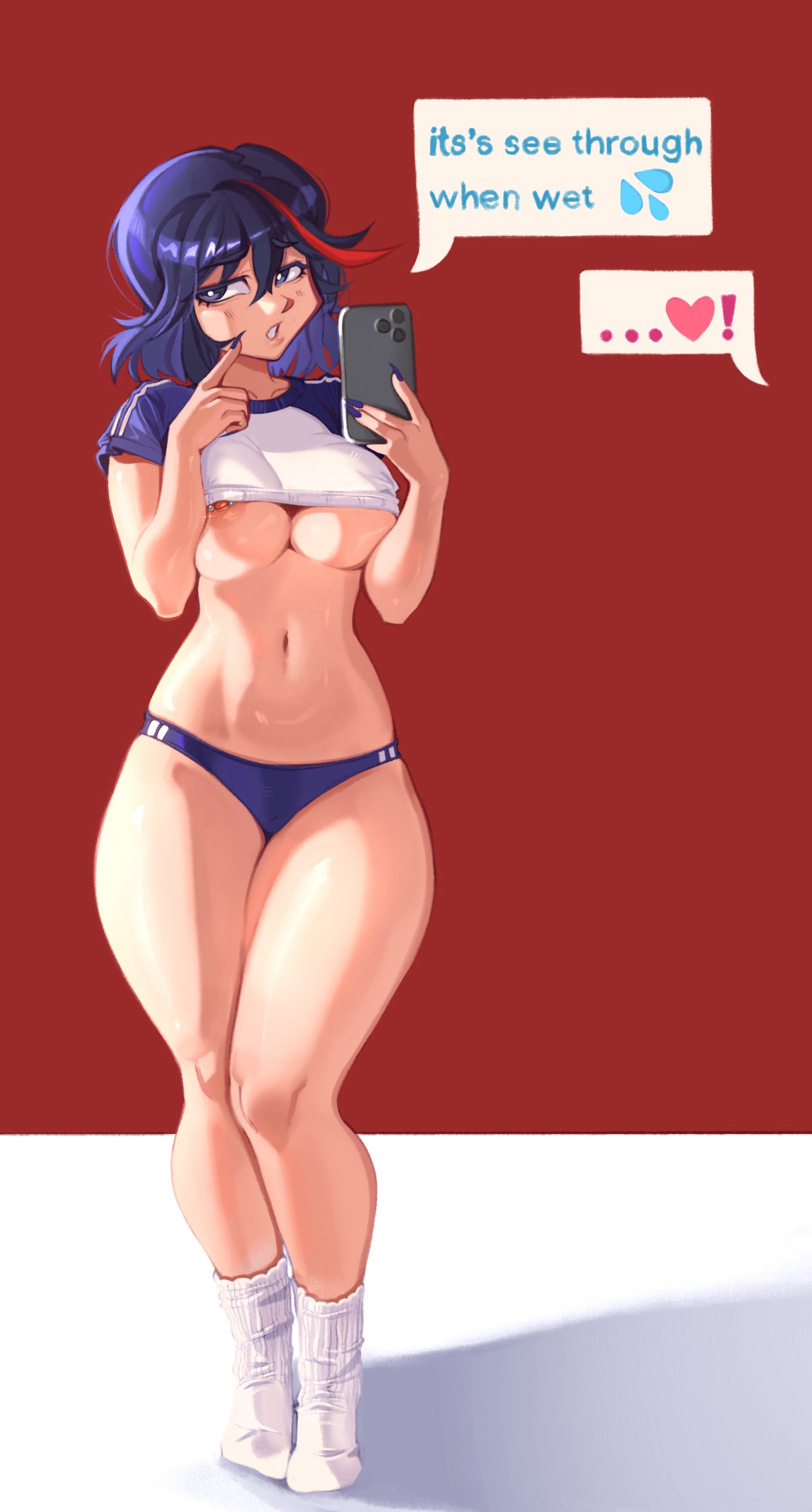 1girls, areolae, black hair, black-haired female, blue eyes, blue fur, breasts, dialogue, english text, female, female focus, female only, kerosundae, kill la kill, matoi ryuuko, nipple piercing, nipples, nipslip, panties, piercing, short hair, solo, solo female, speech bubble, standing, text, thick thighs, thighs, two-tone hair