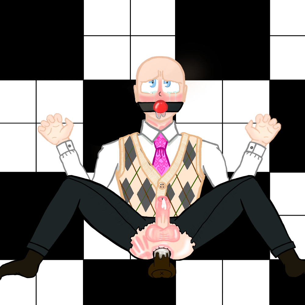 anal bald ball_gag blue_eyes blush crying_with_eyes_open formal front_view male_only necktie rape ripped_clothing slap_mark strangle_mark sweater_vest tears young