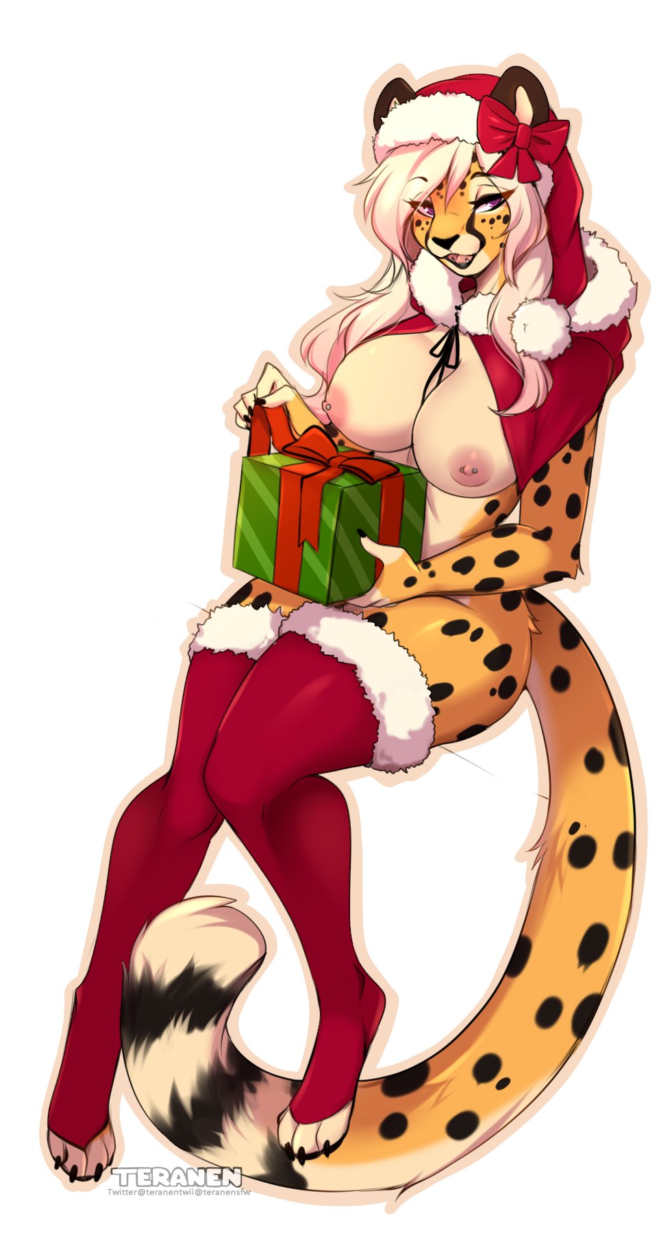 1girls alexandra_(velocitycat) anthro areolae blonde_hair breasts cheetah christmas christmas_headwear christmas_present felid feline female female_only hi_res legwear long_hair looking_at_viewer mostly_nude narrowed_eyes nipples pantherine partially_clothed purple_eyes red_legwear smiling smiling_at_viewer solo teranen thick_thighs toeless_legwear