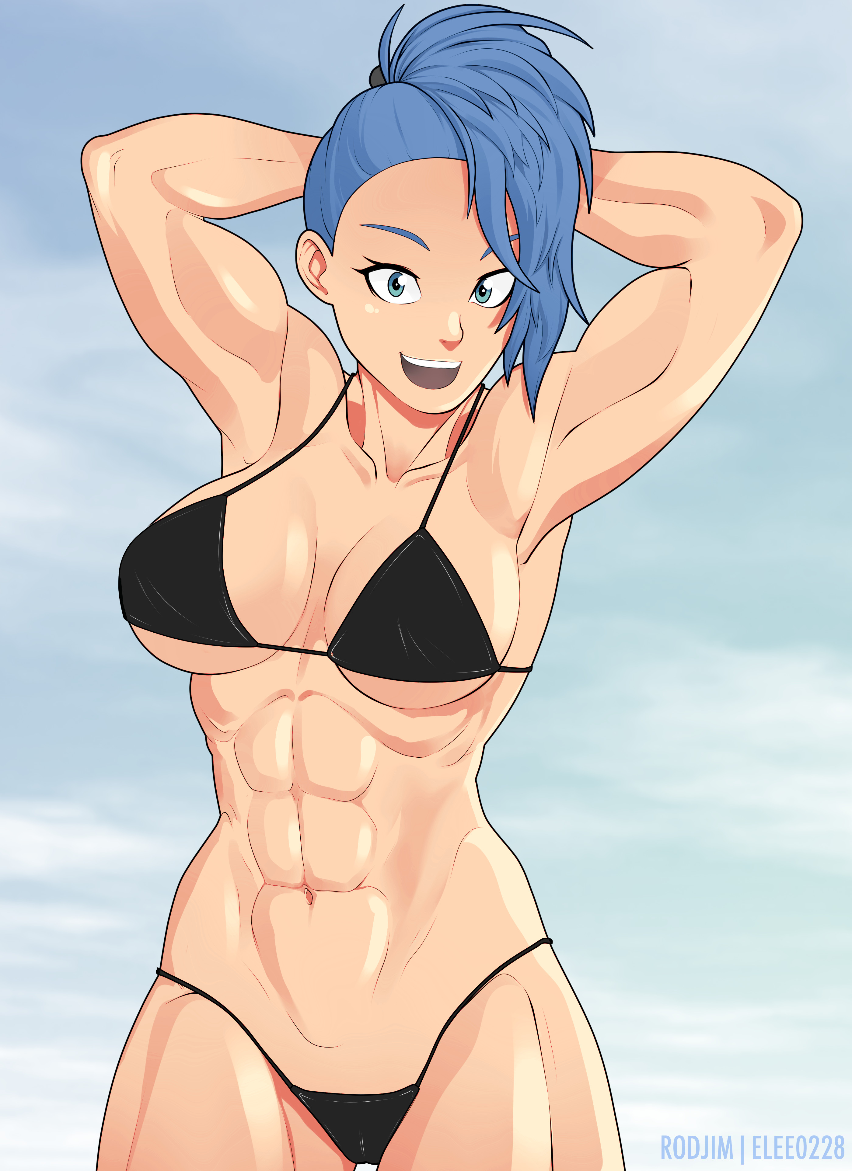 1girls, abs, absurdres, bikini, blue hair, breasts, captain mizuki, cleavage, female, female only, highres, looking at viewer, muscles, muscular, muscular female, one-punch man, rodjim, solo