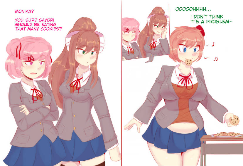 3girls blush brown_hair chubby chubby_female cookie doki_doki_literature_club eating eating_food fat fat_woman female female_only happy human implied_relationship lewddoodler monika_(doki_doki_literature_club) multiple_girls natsuki_(doki_doki_literature_club) overhanging_belly pervert pink_hair sayori_(doki_doki_literature_club) school_uniform weight_gain