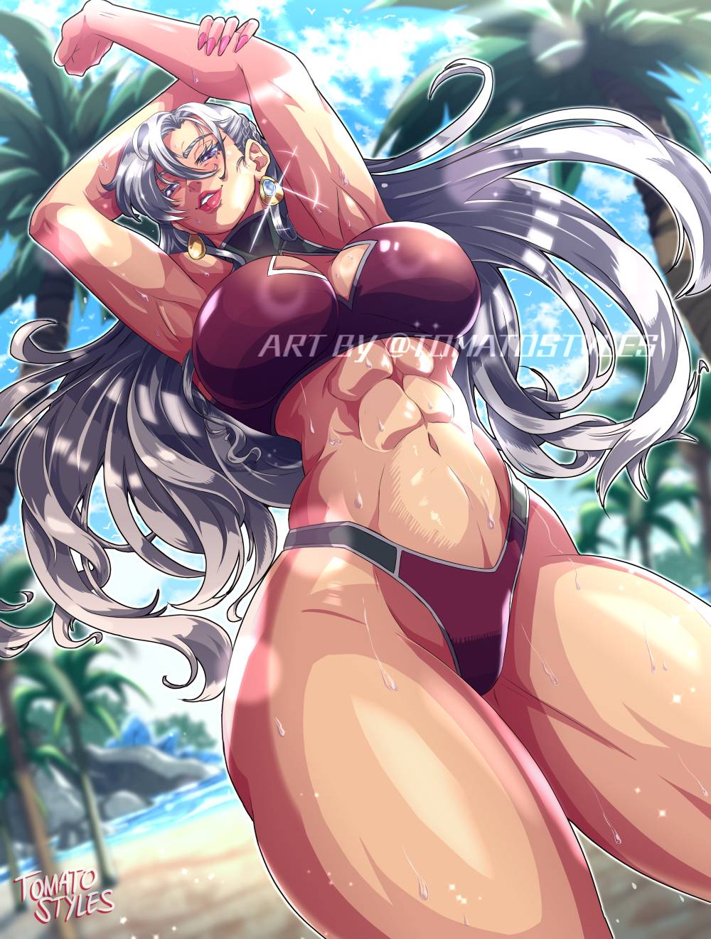 abs armpits artist_name artist_signature aurelia_le_guin beach belly_button big_breasts big_thighs bikini blue_sky boob_window caucasian caucasian_female diamond_earrings earrings eiyuu_densetsu eyelashes eyeliner glare gold_earrings hair_blowing hourglass_figure lipstick long_hair looking_at_viewer looking_down looking_down_at_viewer motion muscular muscular_female muscular_thighs painted_nails palm_tree palm_trees pink_fingernails purple_eyes red_bikini red_lipstick round_breasts sand sen_no_kiseki shiny_clothes shiny_skin silver_hair six_pack slight_smile sun_glare the_legend_of_heroes the_legend_of_heroes_trails_of_cold_steel thick_thighs thigh_up thin_waist thunder_thighs tomatostyles twitter_username watermark wavy_hair wet wet_skin white_hair