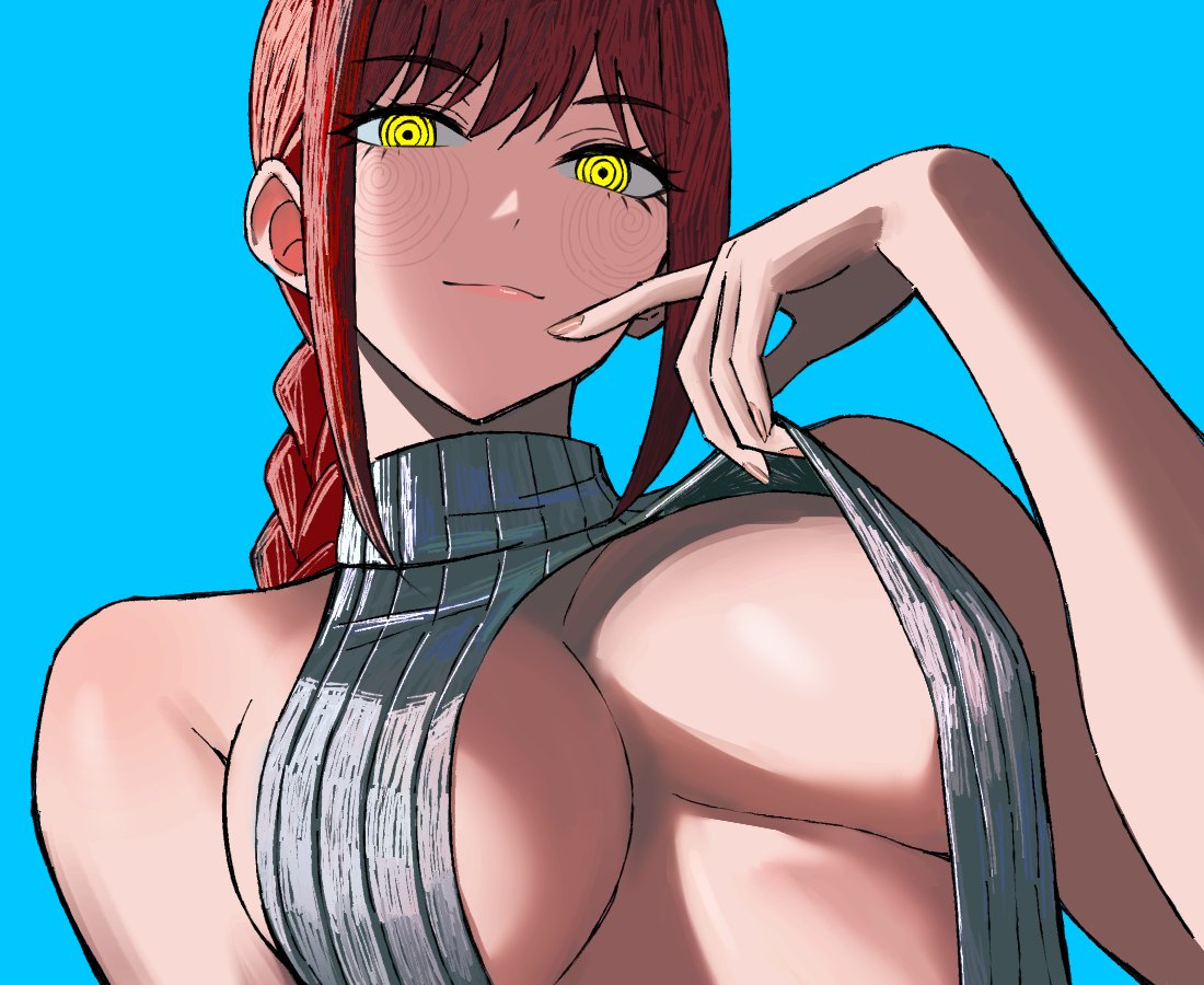 big_breasts chainsaw_man glowing_eyes looking_down makima_(chainsaw_man) red_hair revealing_clothes underboob virgin_killer_sweater yellow_eyes zeon_(zzeeonn)