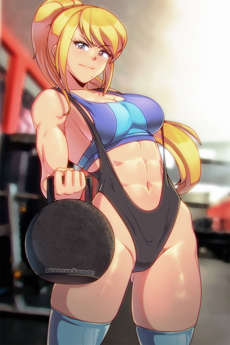 1girls abs athletic athletic_female black_leotard blonde_hair blue_bra blue_eyes blue_sports_bra bra breasts exercise exercise_equipment female female_only fit fit_female fully_clothed gym kagato007 kettlebell leotard looking_at_viewer medium_breasts metroid mole mole_under_mouth nintendo ponytail revealing_clothes samus_aran sports_bra stockings thighhighs tight_clothing weightlifting