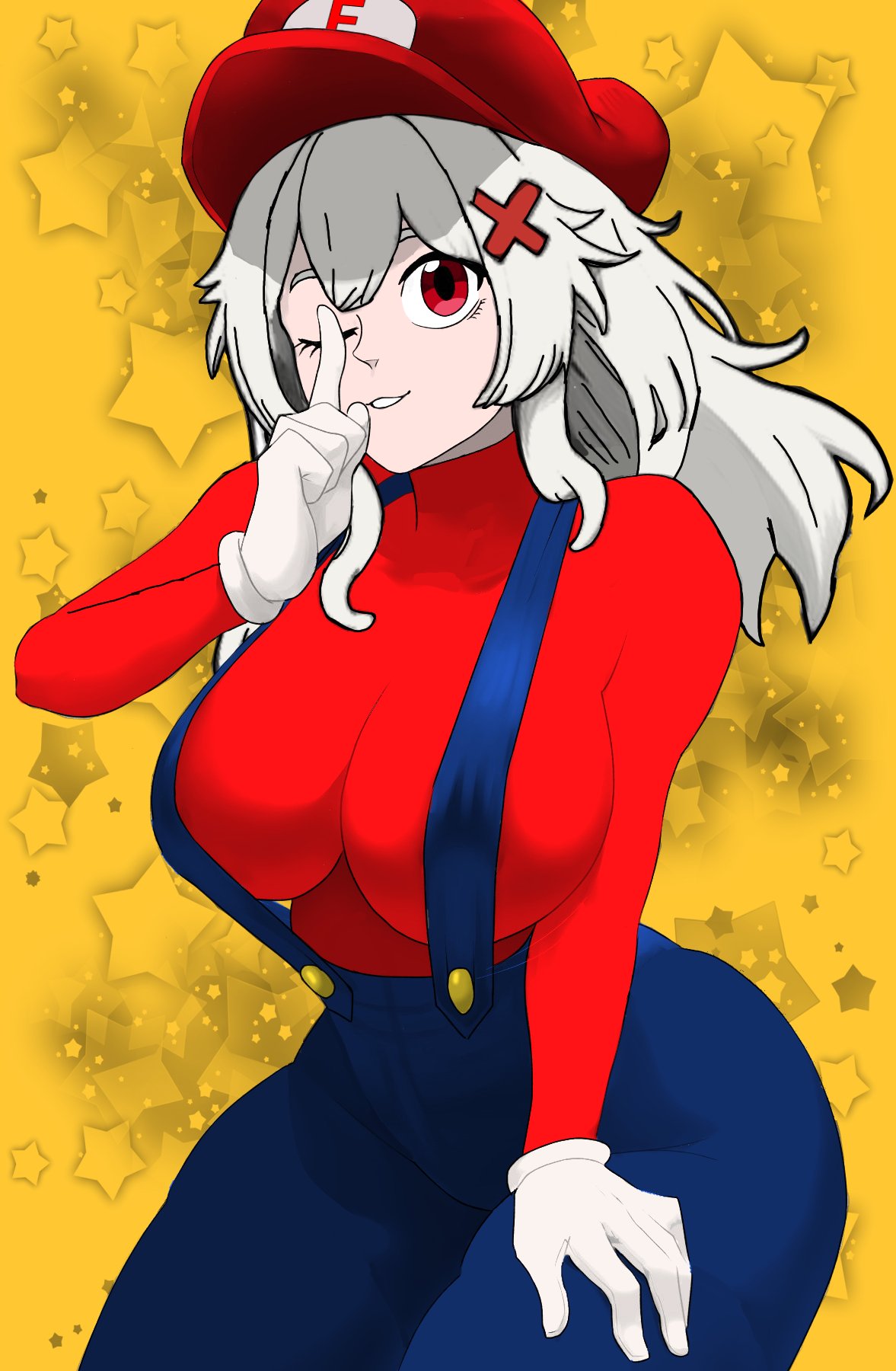 alternate_costume big_breasts breasts busty busty_female clothed cosplay crossover erispheria jackreaper mario mario_(cosplay) mario_(series) massive_ass red_eyes twitch virtual_youtuber voluptuous_female vtuber white_hair wide_hips youtube youtube_hispanic