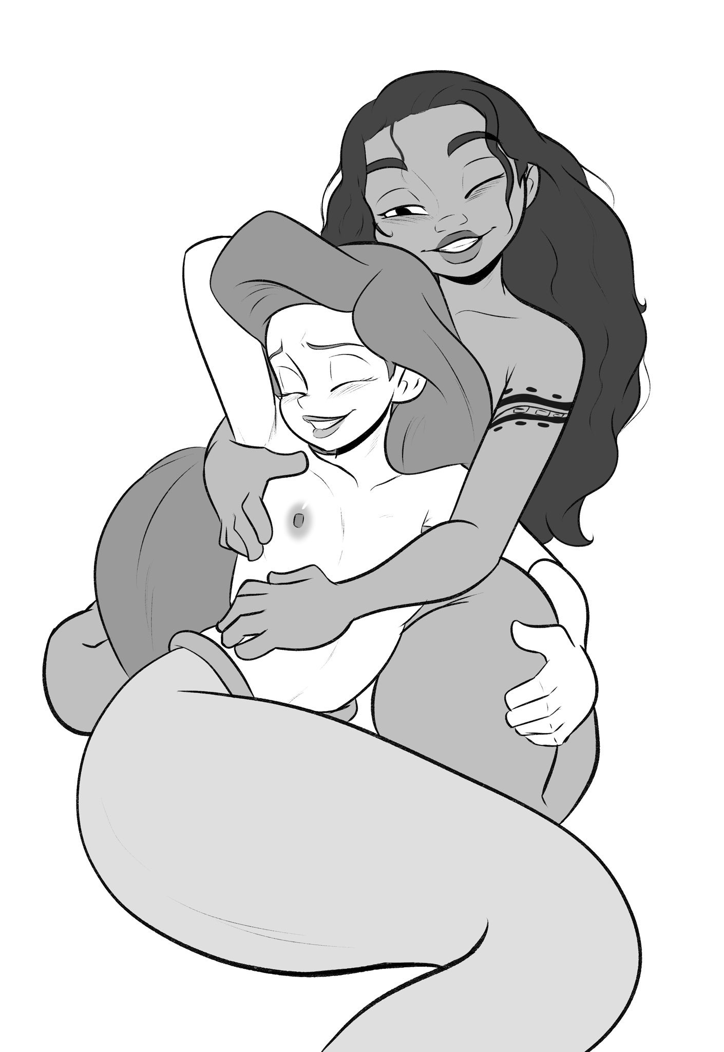 2girls, ariel, crack ship, crossover, disney, disney princess, female, klassyarts (artist), moana, moana waialiki, monochrome, nipples, no bra, tattoo, the little mermaid, the little mermaid (1989 film), tribal tattoo, wholesome, yuri