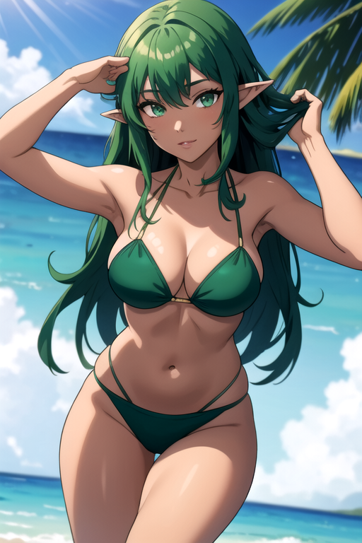 1girls ai_generated beach bikini black_elf cleavage female green_eyes green_hair pointy_ears swimsuit tagme