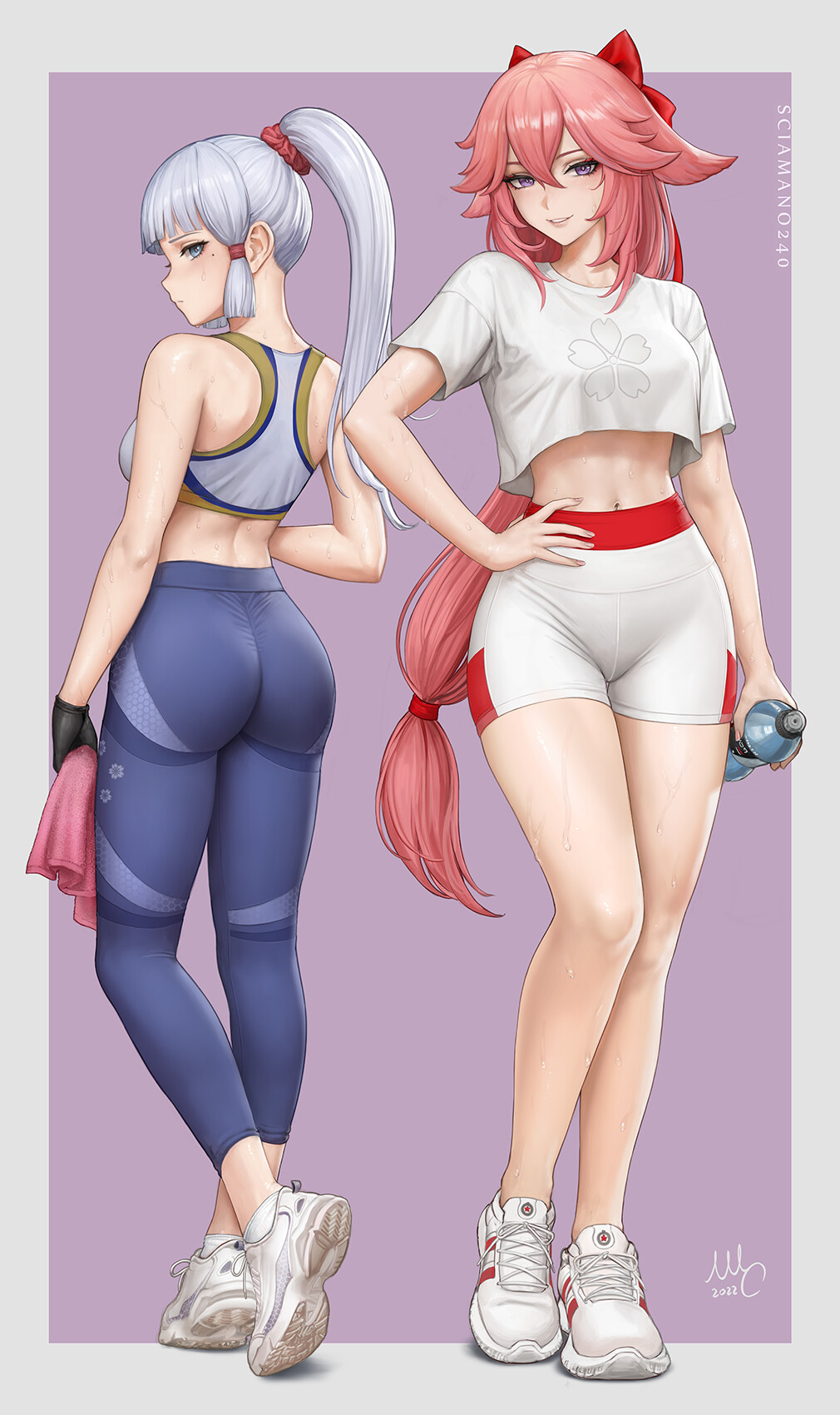2girls, ass, breasts, female, female only, genshin impact, gym, gym uniform, kamisato ayaka, light skin, light-skinned female, multiple females, multiple girls, sciamano240, sports bra, sportswear, standing, thick thighs, yae miko