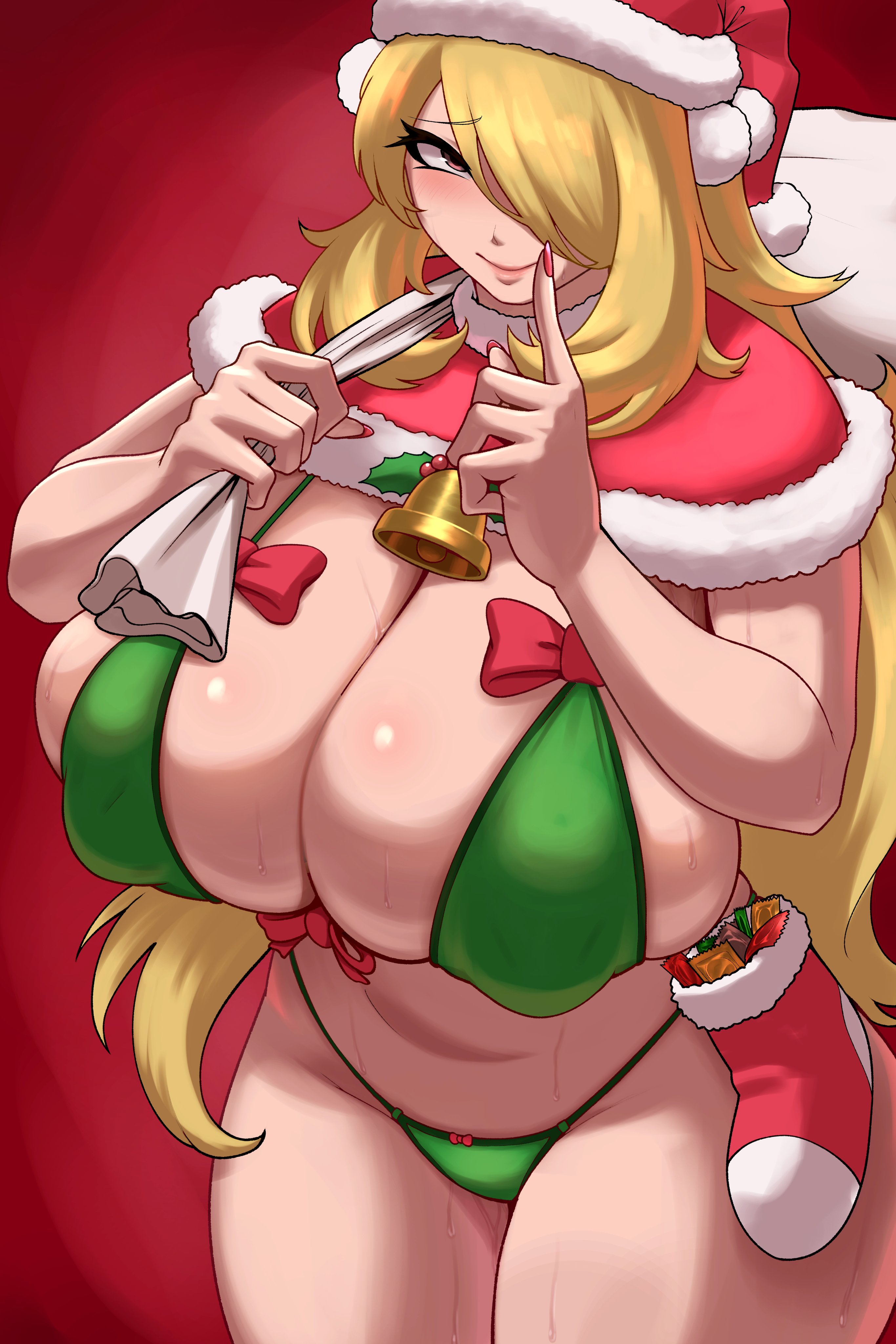 1girls, 2023, 2d, 2d (artwork), alternate breast size, bell, big breasts, big thighs, bikini, blonde hair, bra, breasts, christmas, christmas bag, christmas clothing, christmas hat, christmas outfit, cynthia (pokemon), erect nipples, female, gigantic breasts, huge breasts, huge thighs, large breasts, large thighs, long fingernails, long hair, long nails, looking at viewer, muppy0163, nintendo, nipples, one eye closed, one eye covered, one eye obstructed, panties, pokemon, pokemon dppt, red nail polish, red nails, shiny ass, shiny breasts, shiny butt, shiny hair, shiny skin, smile, smiling, sweat, sweating, sweaty body, sweaty breasts, sweaty legs, thick thighs, thighs, white skin, wide hips, yellow hair