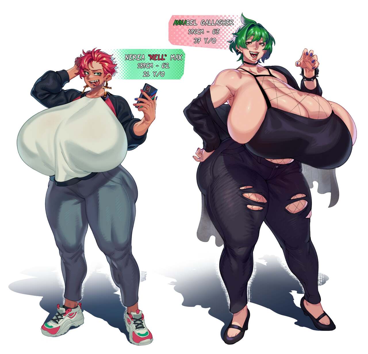 2girls annabel_(eigaka) ass big_ass big_breasts breasts duo eigaka fat_ass female female_only fully_clothed giant_breasts gigantic_breasts goth green_hair huge_ass huge_breasts hyper hyper_breasts massive_breasts milf nell_(eigaka) pink_hair reference_image sharp_teeth smile tall_female thick_ass thick_thighs wide_hips