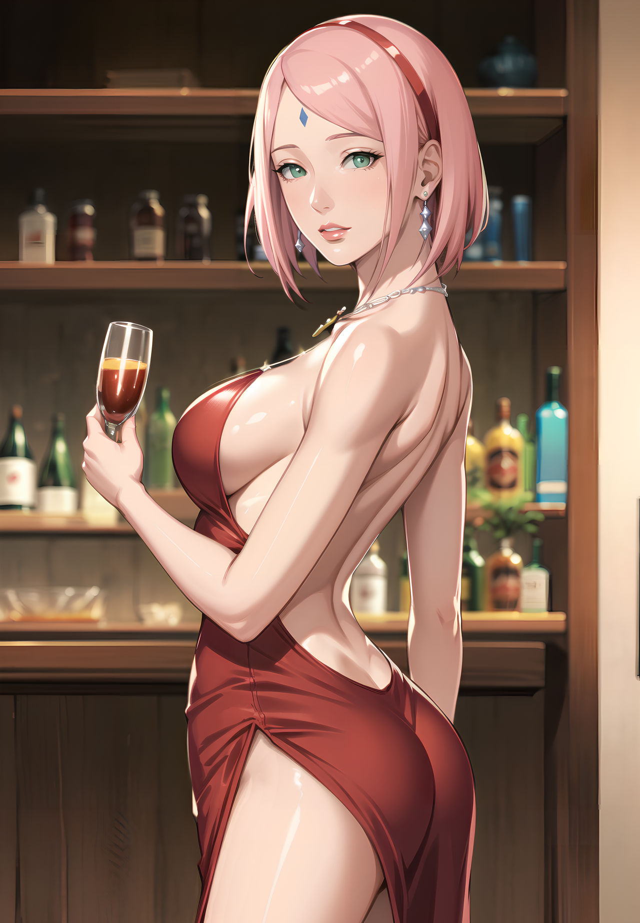 1girls ai_generated aiartmagic arched_back ass back_muscles backless backless_dress backless_outfit bar bar_(place) bare_back bare_legs bare_shoulders bare_thighs big_ass big_breasts bob_cut boruto:_naruto_next_generations dress drink earrings female female_only glass green_eyes hairband holding_drink holding_object huge_ass in_profile jewelry light-skinned_female light_skin lipstick long_hair looking_at_viewer makeup mature mature_female milf nai_diffusion naruto naruto_(series) necklace no_bra no_bra_under_clothes no_panties no_panties_under_dress no_underwear pink_hair pinup red_dress red_hairband revealing_clothes revealing_dress round_ass sakura_haruno side_view sideboob solo stable_diffusion thighs toned toned_female