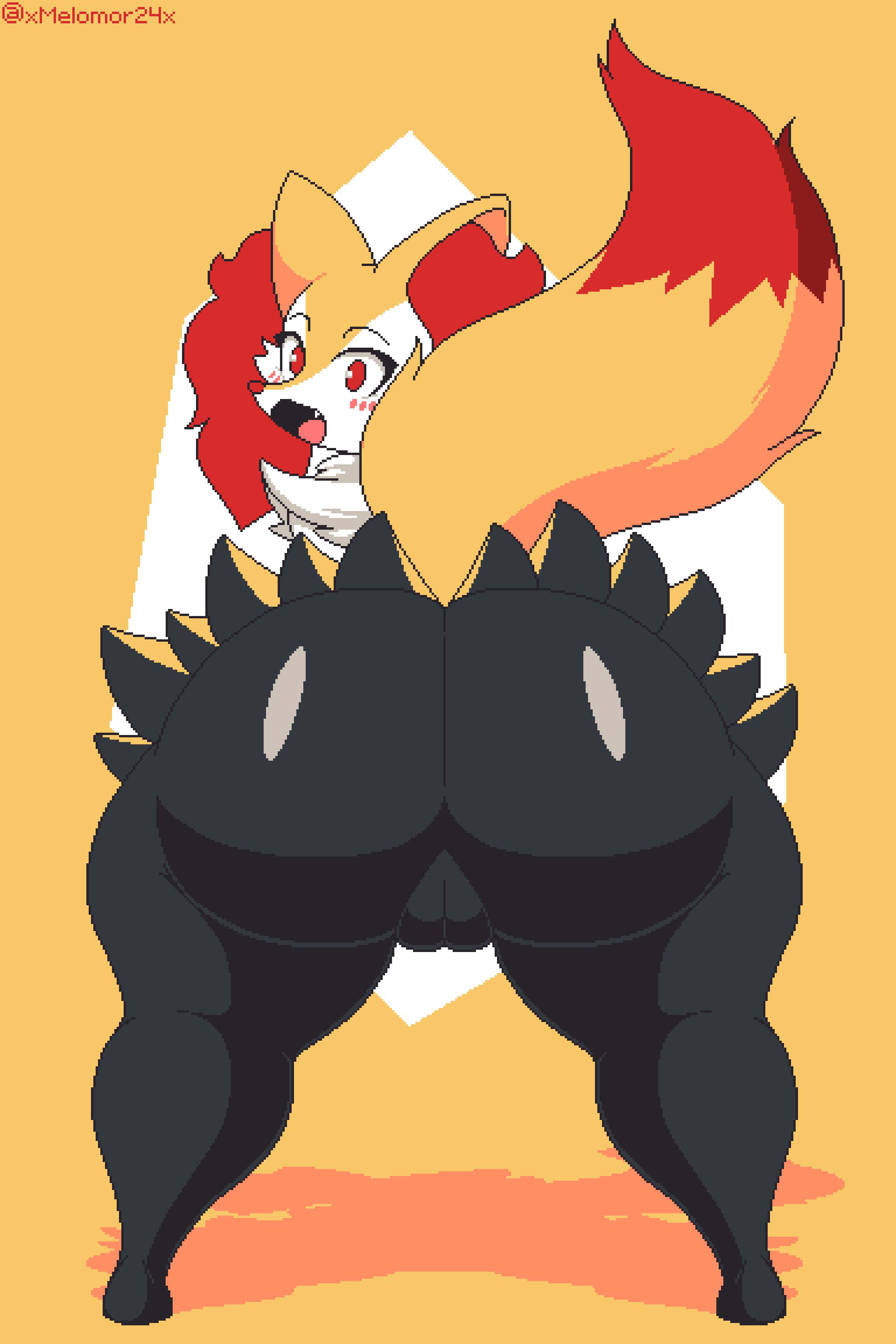 2023 absurd_res anthro ass bent_over big_butt black_body black_fur blush blush_lines braixen digital_media_(artwork) fangs female fur generation_6_pokemon genitals hair hi_res looking_back multicolored_body multicolored_fur nintendo nude orange_body orange_fur orange_hair orange_tail pixel_(artwork) pokemon pokemon_(species) pussy rear_view red_eyes red_nose sharp_teeth simple_background solo surprise surprised_expression tail teeth thick_thighs tongue two_tone_tail white_body white_fur xmelomor24x yellow_background yellow_body yellow_ears yellow_fur yellow_tail