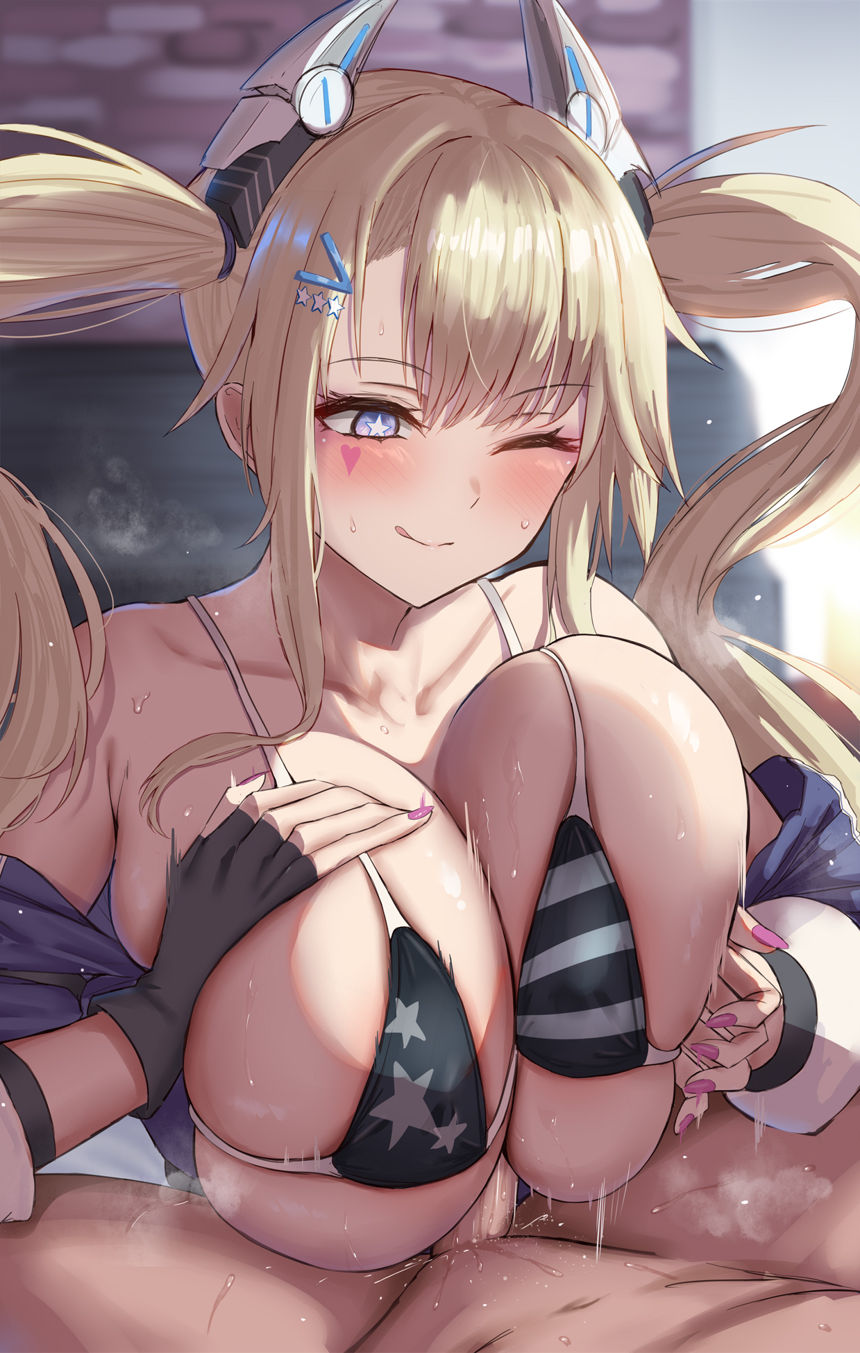 1boy, 1girls, american flag bikini, azur lane, bikini, blonde hair, blue eyes, breasts, eagle union (azur lane), female, guam (azur lane), hi res, huge breasts, huge cock, large breasts, light skin, light-skinned female, light-skinned male, long hair, male, paizuri, penis, satou aji, smile, symbol-shaped pupils, titjob, twintails