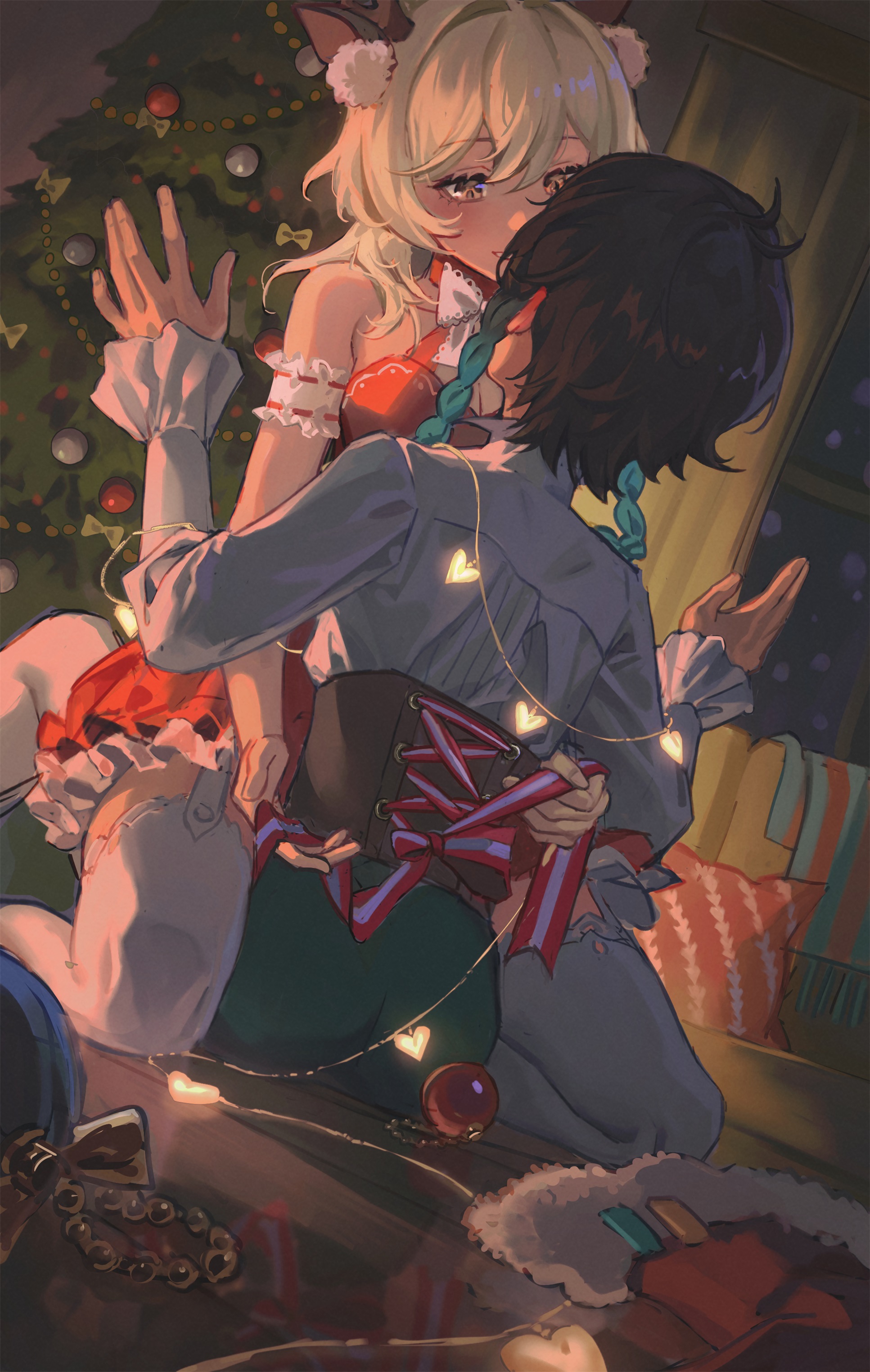 1boy, 1girls, androgynous, animal ears, assertive female, blonde hair, blue hair, braid, christmas, christmas tree, cowgirl position, deer ears, dress, female, femboy, fridaynightcat, genshin impact, gift wrapped, hi res, looking at another, lumine (genshin impact), male, male/female, reindeer antlers, santa dress, sitting, sitting on lap, sitting on person, thighhighs, trap, twin braids, undressing, venti (genshin impact)