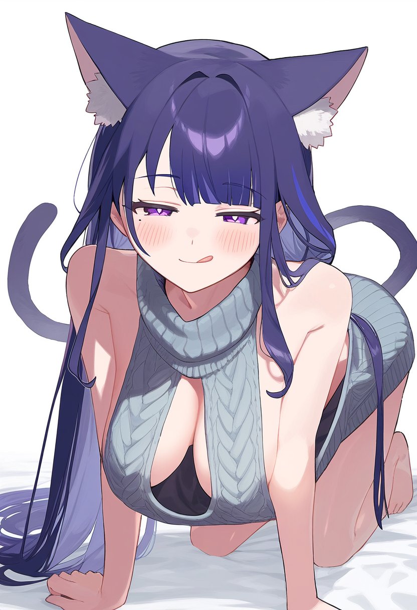 1girls, all fours, artist request, big breasts, blush, breasts, cat ears, cat girl, cat tail, catgirl, cleavage, clothing, female, female only, genshin impact, hanging breasts, licking lips, looking at viewer, naughty face, purple hair, raiden shogun, solo, sweater, virgin killer sweater