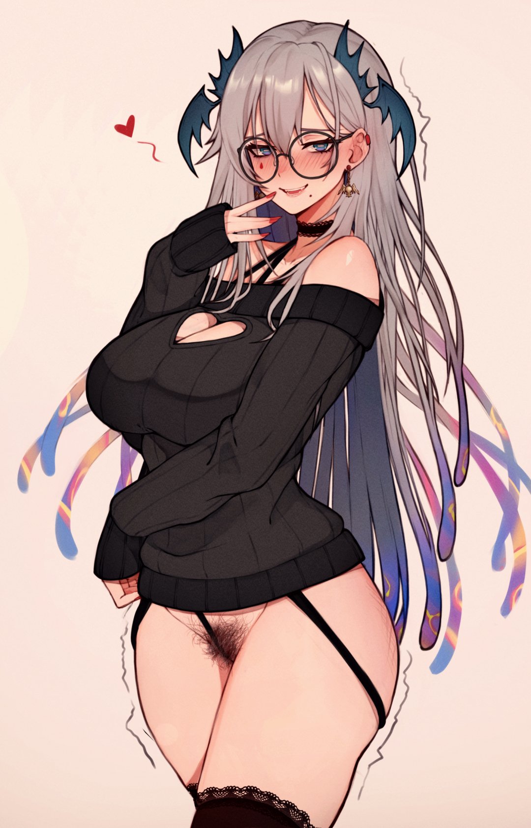 1girls bare_shoulders black_choker blue_eyes blush boobs bottomless breasts choker cleavage collarbone covered_breasts covered_nipples digital_drawing_(artwork) female female_focus female_only female_pubic_hair garter_belt glasses grey_hair hair_between_eyes hairy_pussy head_wings highres image indie_virtual_youtuber lace lace_choker large_breasts legs legs_together legwear long_hair long_sleeves mole mole_under_mouth nail_polish no_panties off-shoulder_sweater off_shoulder partially_clothed pochimaru_(vtuber) pubic_hair red_nails simple_background smile solo standing sweater thighhighs variant_set varniskarnis virtual_youtuber wings