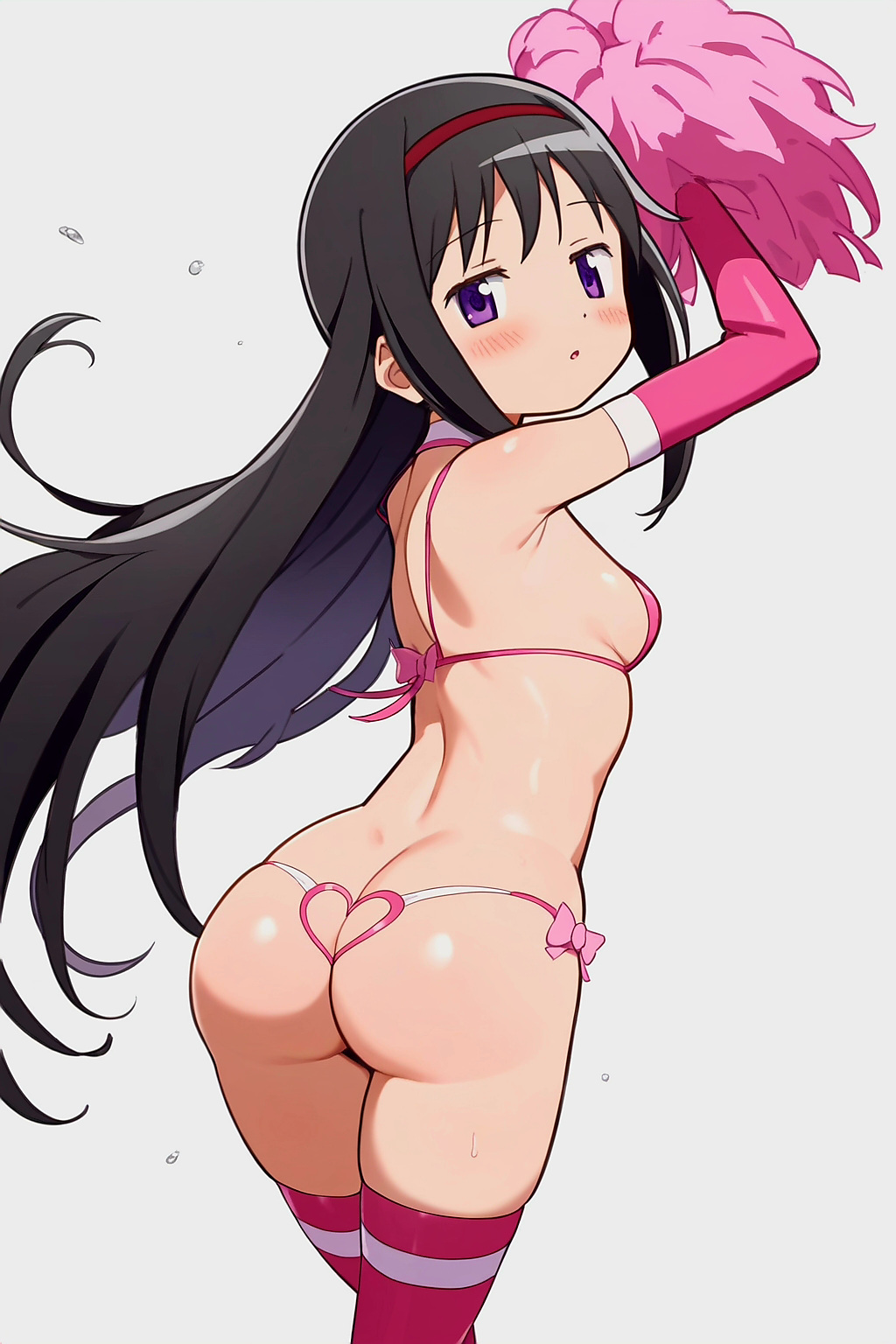 ai_generated akemi_homura ass ass_focus back_view big_butt black_hair butt_focus cheerleader hair_band hair_ribbon highres long_hair looking_at_viewer madoka_worship magical_girl mahou_shoujo_madoka_magica micro_bikini pompoms puella_magi_madoka_magica purple_eyes ribbon round_ass simple_background small_breasts straight_hair thighhighs white_background