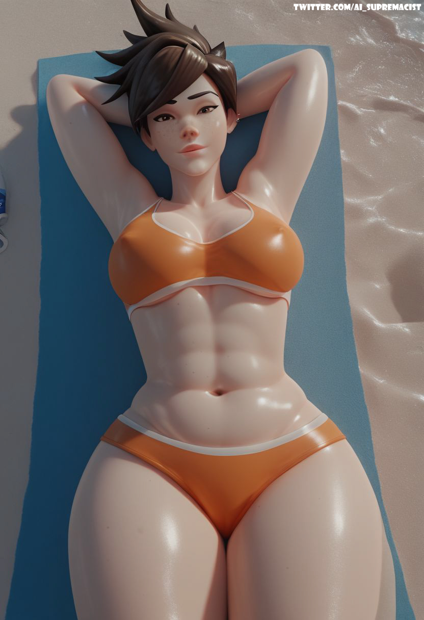 abs ai_generated ai_supremacist armpits arms_behind_head arms_up artist_name bangs beach bikini bikini_bottom black_hair bra breasts breasts_apart brown_eyes brown_hair cleavage closed_mouth clothing cowboy_shot day female female_only freckles gym_uniform high_resolution legs_together lena_oxton lips looking_at_viewer lying medium_breasts midriff muscle muscular_female navel nose on_back orange_bikini orange_swimsuit outdoors overwatch overwatch_2 panties piercing sand shiny shiny_skin short_hair solo sports_bra sportswear stomach swept_bangs swimsuit tank_top tankini thick_thighs thighs toned tracer underwear water watermark