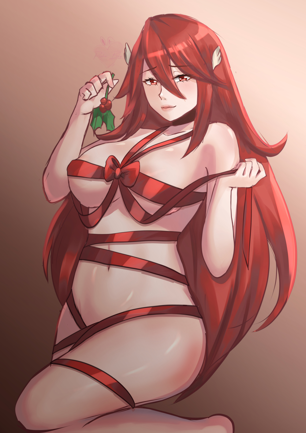 1girls breasts christmas cordelia_(fire_emblem) female female_only fire_emblem fire_emblem_awakening gift_wrapping looking_at_viewer medium_breasts mistletoe naked_ribbon nintendo red_eyes red_hair ribbon rinku_bny solo