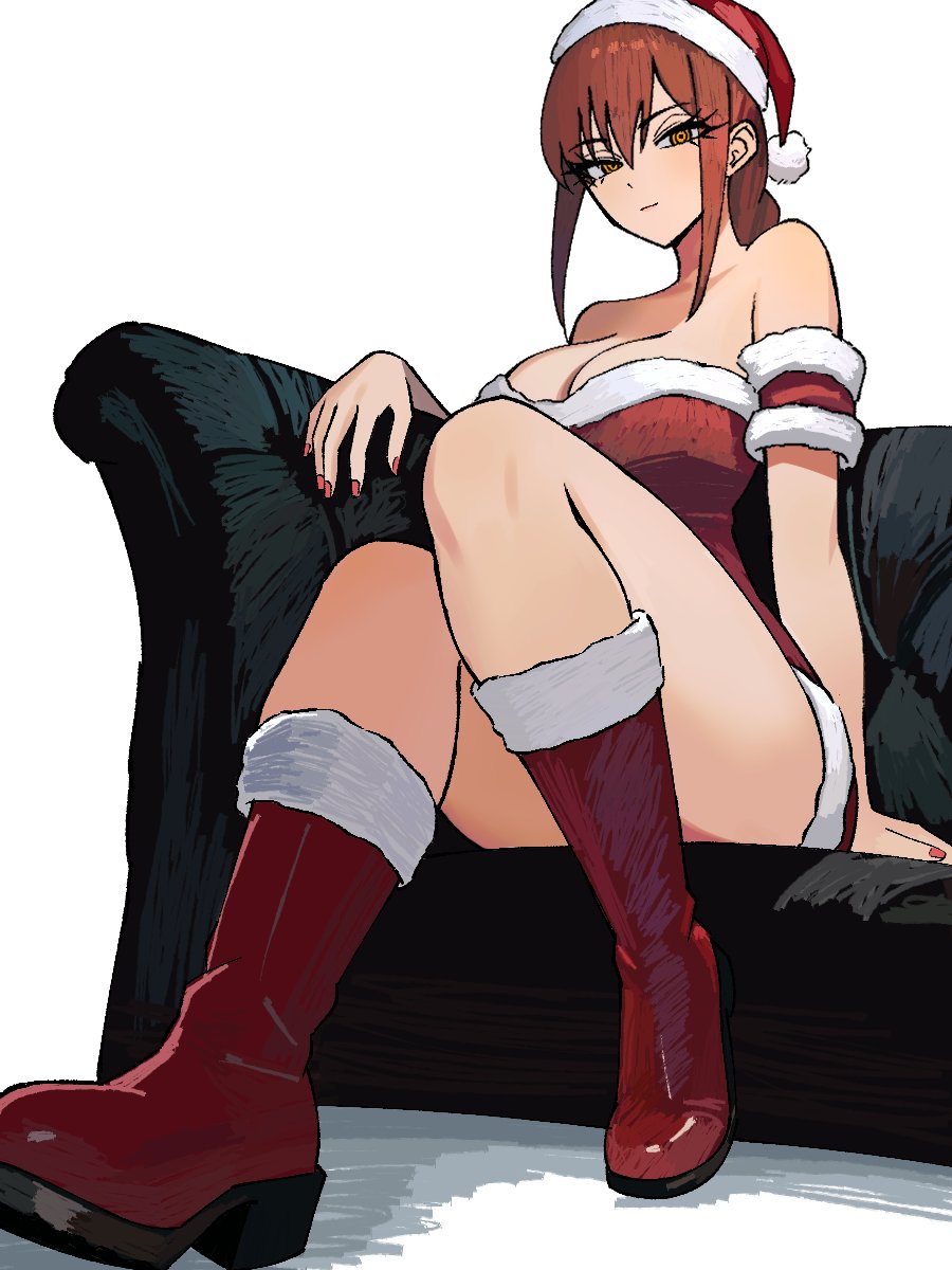 1girls bare_legs bare_shoulders big_breasts boots chainsaw_man christmas christmas_clothing christmas_headwear christmas_outfit female_only fur_trim glowing_eyes makima_(chainsaw_man) red_hair santa_costume santa_dress santa_hat sitting thick_thighs yellow_eyes zeon_(zzeeonn)