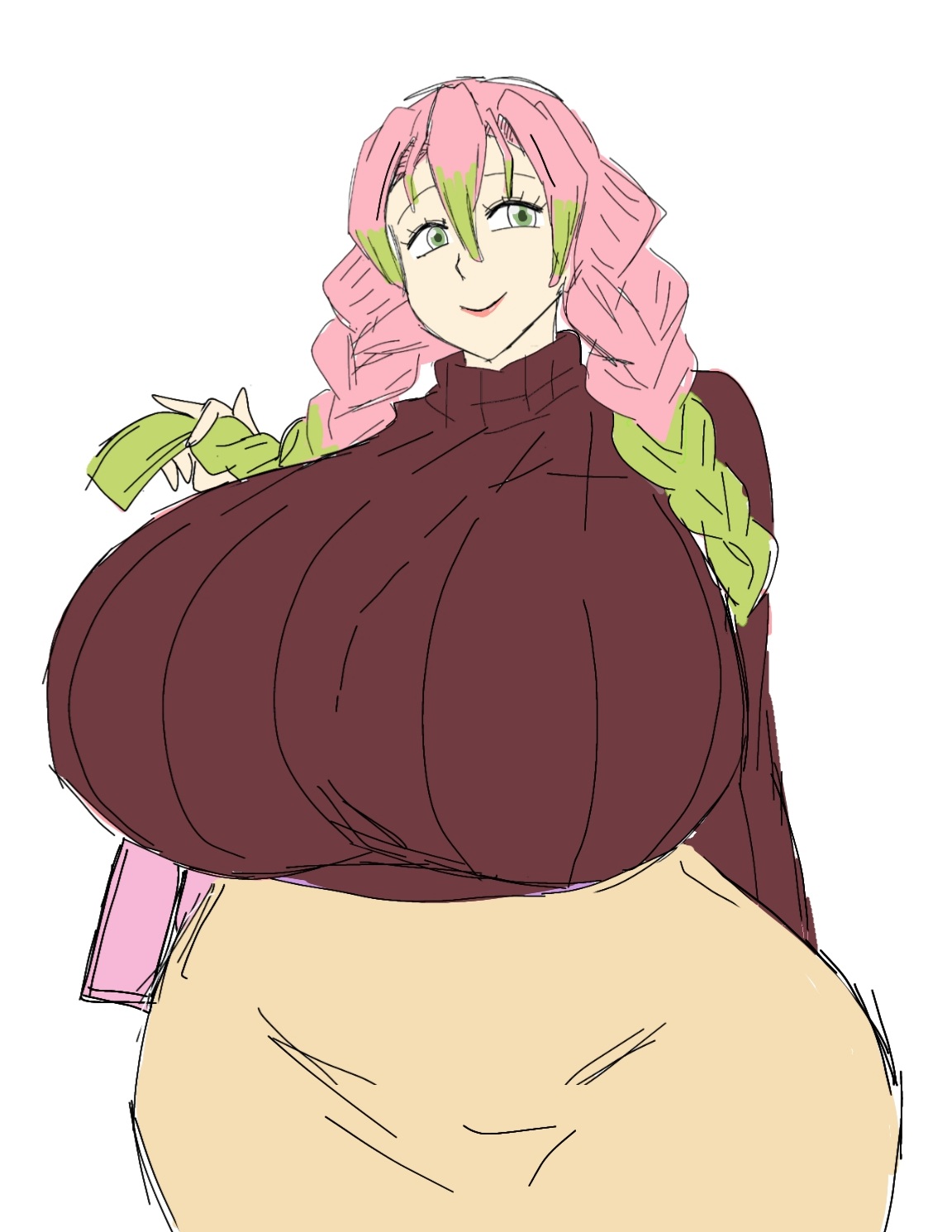 1girls, ass, big ass, big breasts, breasts, demon slayer, female, female focus, female only, fully clothed, green hair, huge ass, huge breasts, kanroji mitsuri, kimetsu no yaiba, momiji (artist), multicolored hair, pink hair, smile, solo, sweater, thick thighs, twintails, wide hips