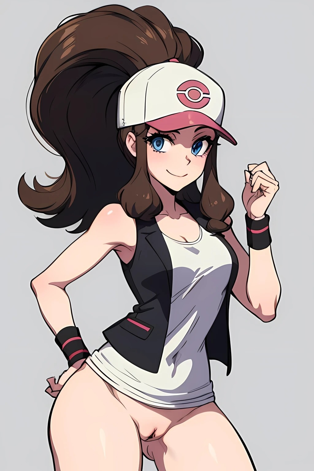 1girls, abstract background, ai generated, bottomless, female, hat, hilda (pokemon), human, pokemon, pokemon bw, pussy, solo, tagme, userisbad