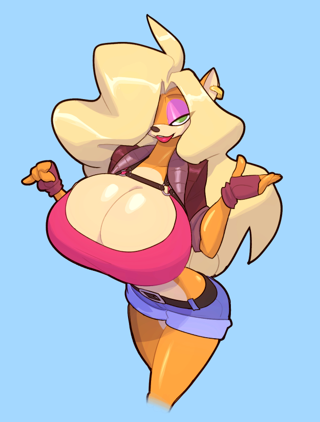 1girls, 2020s, 2023, 2d, 2d (artwork), 4 fingers, anthro, anthro only, belt, belt buckle, big breasts, bigdad, blonde hair, booty shorts, bracelet, breasts, breasts bigger than head, cleavage, crash (series), ear piercing, earring, eyeshadow, female, female focus, female only, fingerless gloves, furry, furry female, furry only, green eyes, hi res, high heel sneakers, high heels, highres, hips, huge breasts, jacket, jean shorts, long hair, looking at viewer, pink eyeshadow, red lips, shiny hair, slim waist, solo, solo female, solo focus, tail, tawna bandicoot, wide hips