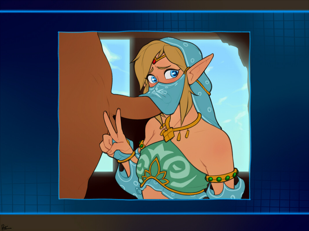 1boy, 1futa, androgynous, breath of the wild, bridal gauntlets, dark skin, dark-skinned futa, erection, faceless male, fellatio, fellatio under mask, fellatio under veil, femboy, futa on male, futanari, gerudo, gerudo link, gerudo top, gerudo veil, girly, hylian, interracial, intersex, link, link (breath of the wild), male, oral, penis, r4, riju, the legend of zelda, trap, v, veil